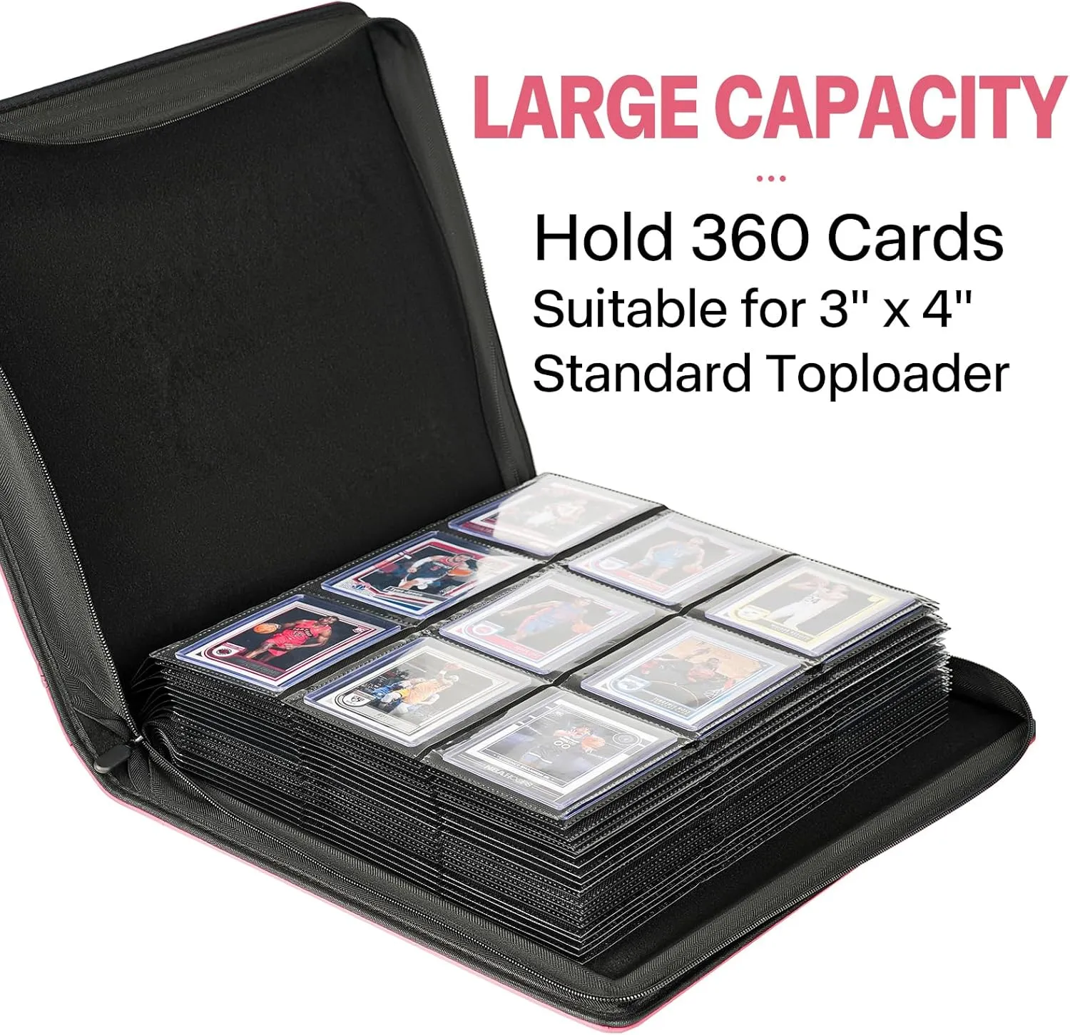 9 Pocket TopLoader Binder, Holds 360 3”x4” Toploader Hard Cases, Sleeves Card Collection Binder, 20 Double Sided Pages, Compatible with Trading & Sports Holder - Pink