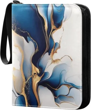 Abstract Blue and Gold Painting Cards Binder 4 Pocket Fits 400 Cards with 50 Removable Sleevesves, Trading Card Collector Zipper Album Holder Portable Card Games Display Storage Cases