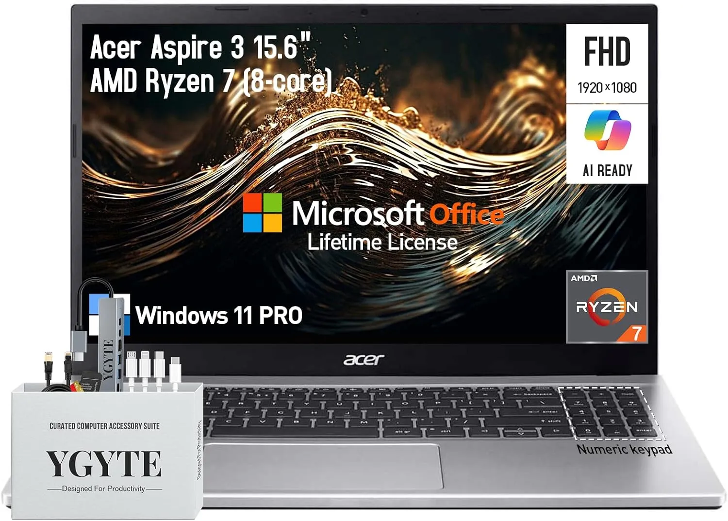 acer Aspire 3 15.6 Laptop Computer, 15 Inch FHD College Students Business Laptop PC, AMD Ryzen 7, 32GB RAM 1TB SSD 512GB Docking Set, Windows 11 Pro Lifetime Office,Ethernet Port,10-Key