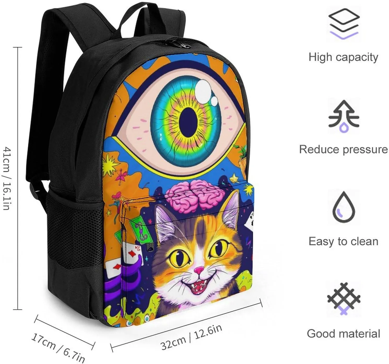 Acid Trip Colors Trippy Cat Eye Octopus Art Shoulder Book Bags Polyester Multipurpose Anti-Theft Carry On Bag Large Capacity Travel Hiking & Camping Rucksack