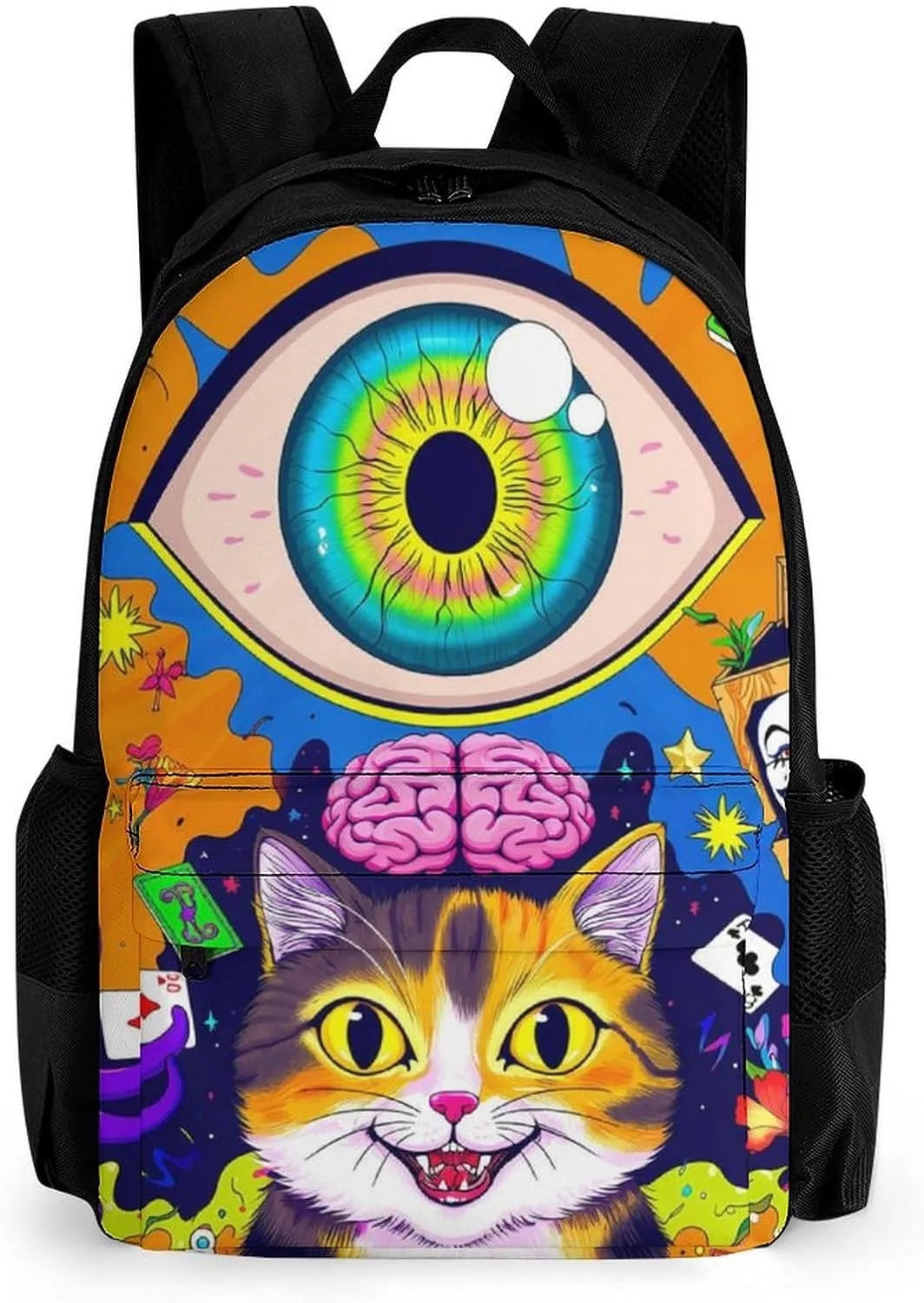 Acid Trip Colors Trippy Cat Eye Octopus Art Shoulder Book Bags Polyester Multipurpose Anti-Theft Carry On Bag Large Capacity Travel Hiking & Camping Rucksack