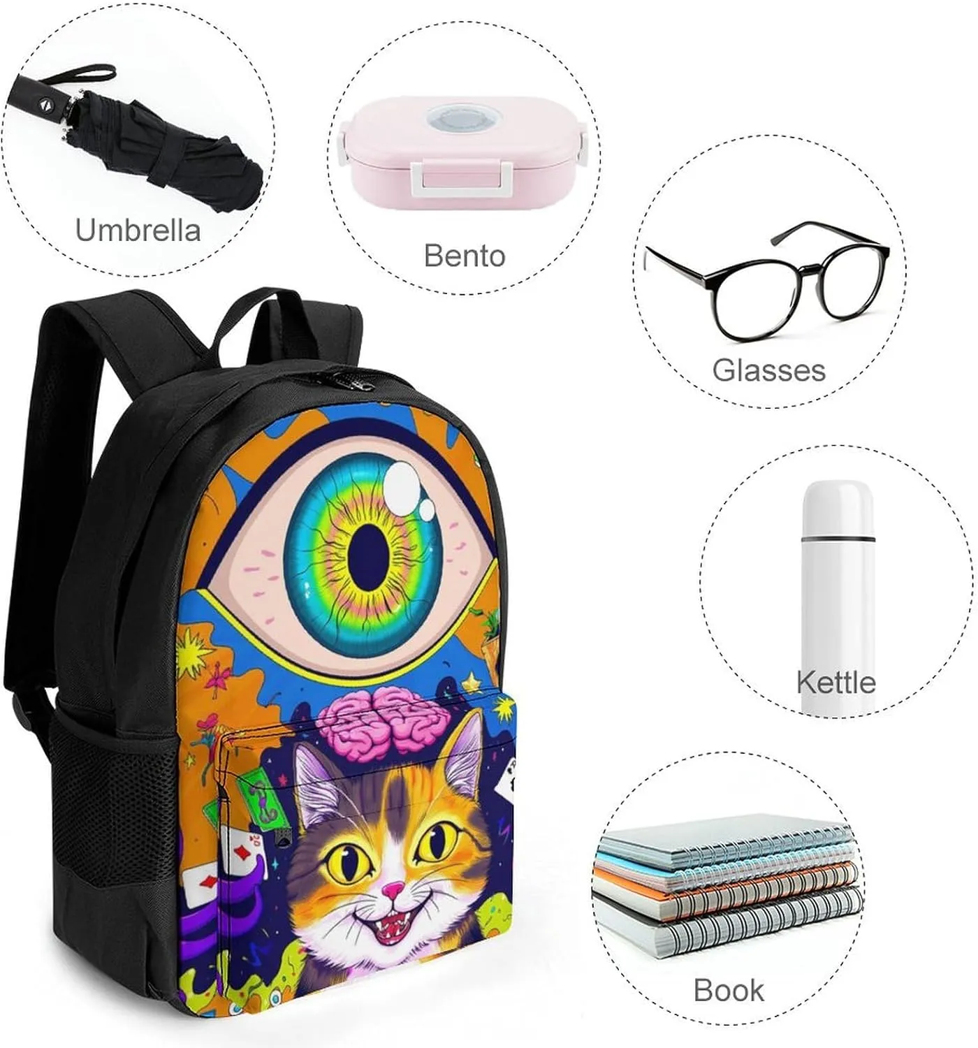 Acid Trip Colors Trippy Cat Eye Octopus Art Shoulder Book Bags Polyester Multipurpose Anti-Theft Carry On Bag Large Capacity Travel Hiking & Camping Rucksack