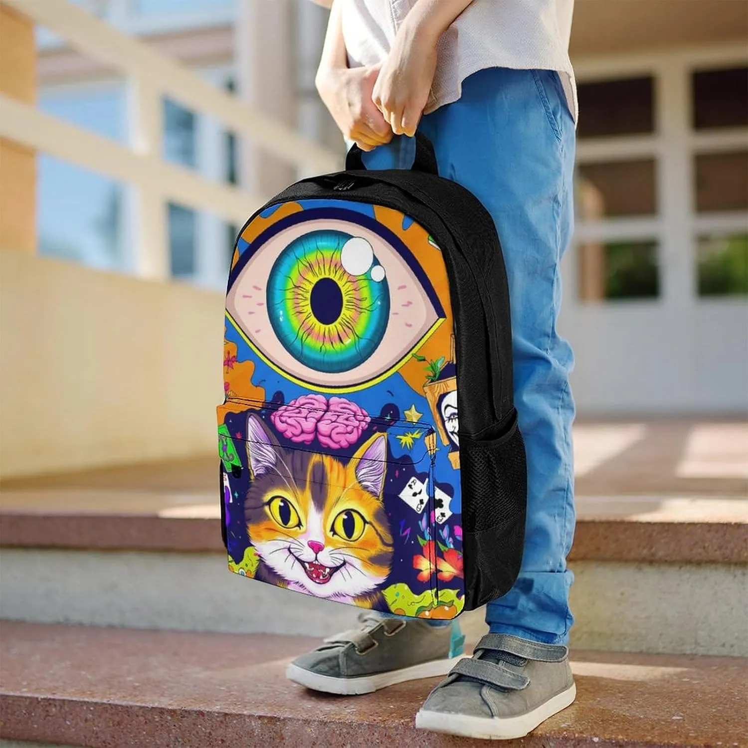 Acid Trip Colors Trippy Cat Eye Octopus Art Shoulder Book Bags Polyester Multipurpose Anti-Theft Carry On Bag Large Capacity Travel Hiking & Camping Rucksack