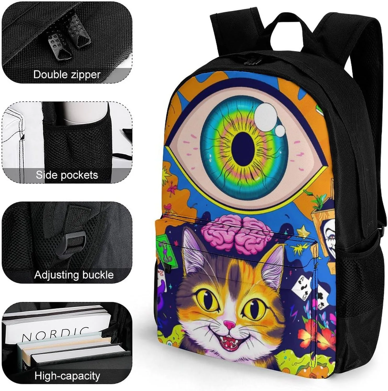 Acid Trip Colors Trippy Cat Eye Octopus Art Shoulder Book Bags Polyester Multipurpose Anti-Theft Carry On Bag Large Capacity Travel Hiking & Camping Rucksack