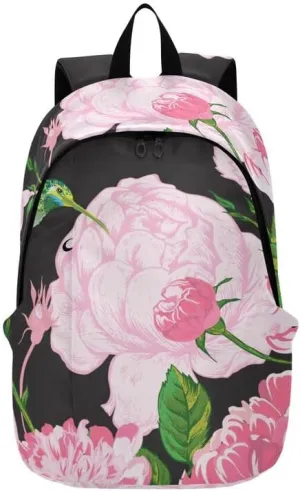 Acpiggto Backpack Travel Bag Daypack Pink Birds Peony Rose Pastoral Rustic Elegant Casual Rucksack Knapsack