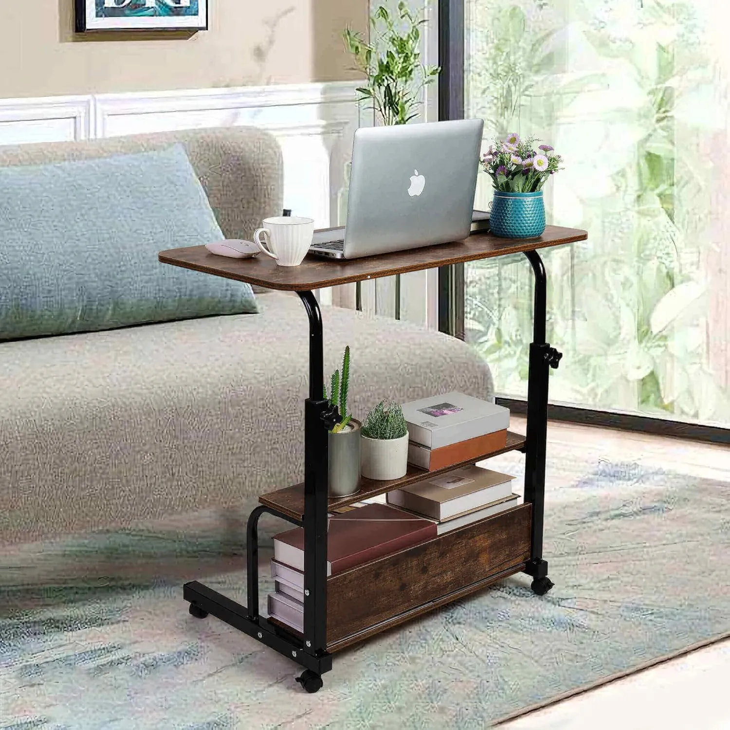 Adjustable Height Mobile Computer Desk for Small Space Rolling Writing with Wheels Corner Home Office Study Portable Desks Standing Desk Rolling Desk Mobile Laptop Table Size 31.5X15.7 Inch Brownish