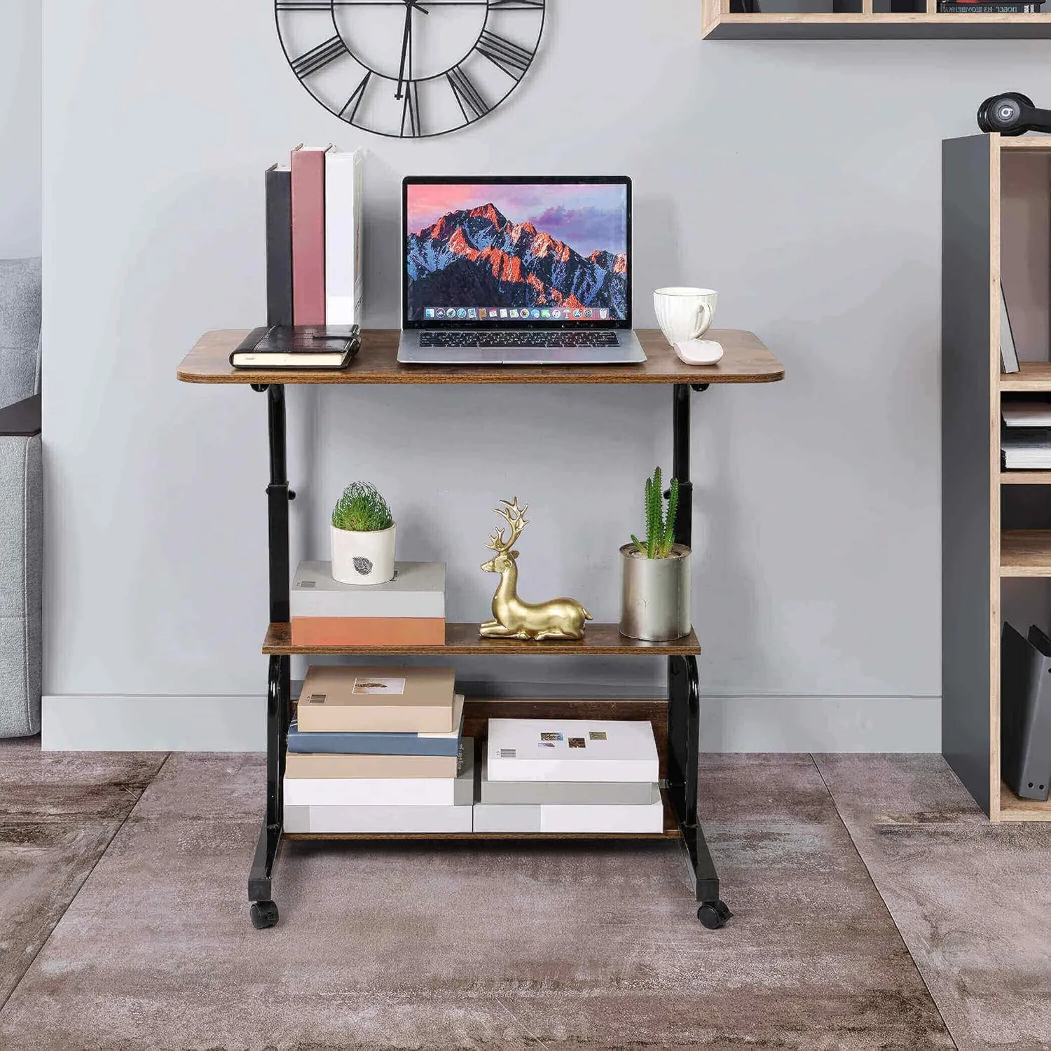 Adjustable Height Mobile Computer Desk for Small Space Rolling Writing with Wheels Corner Home Office Study Portable Desks Standing Desk Rolling Desk Mobile Laptop Table Size 31.5X15.7 Inch Brownish