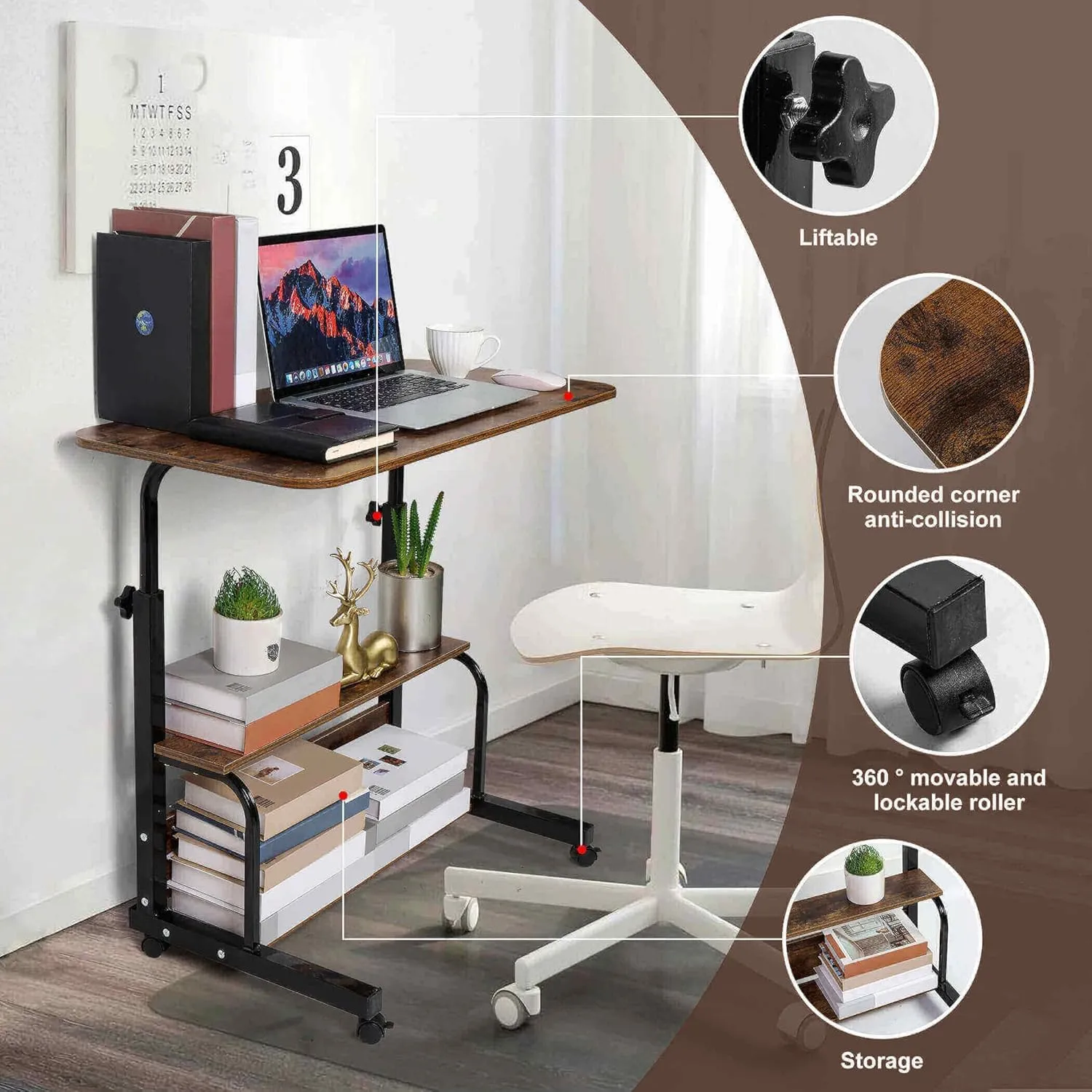 Adjustable Height Mobile Computer Desk for Small Space Rolling Writing with Wheels Corner Home Office Study Portable Desks Standing Desk Rolling Desk Mobile Laptop Table Size 31.5X15.7 Inch Brownish