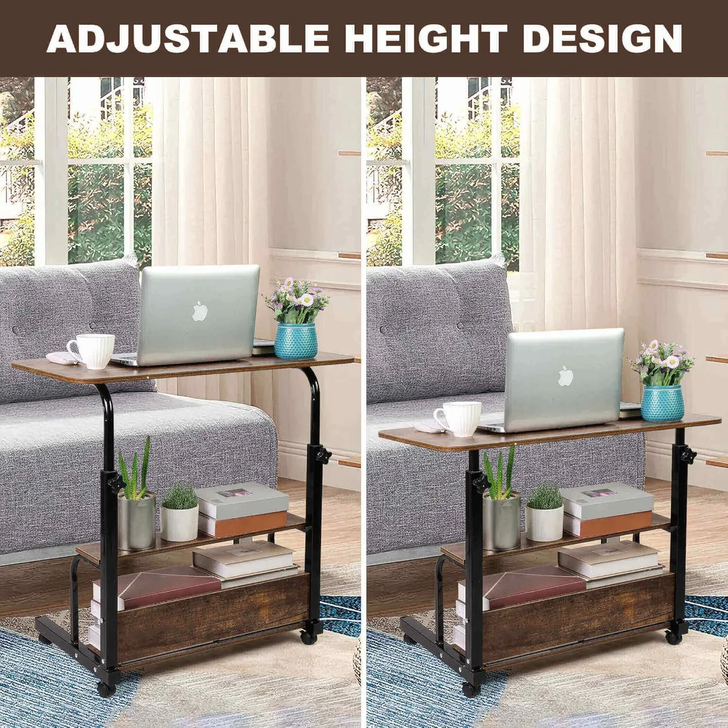 Adjustable Height Mobile Computer Desk for Small Space Rolling Writing with Wheels Corner Home Office Study Portable Desks Standing Desk Rolling Desk Mobile Laptop Table Size 31.5X15.7 Inch Brownish