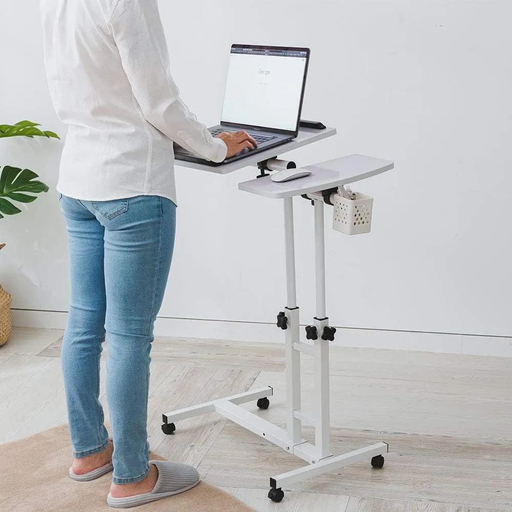 Adjustable Laptop Desk with Wheels, Overbed Bedside Desk, Wheels Height Adjustable Desk Cart,Standing Laptop Desk,Moveable Laptop Stand,Tilting Over Bed Table,Rolling Laptop Stand-White.