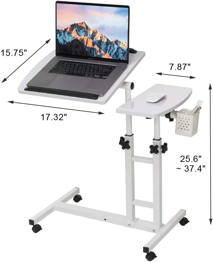 Adjustable Laptop Desk with Wheels, Overbed Bedside Desk, Wheels Height Adjustable Desk Cart,Standing Laptop Desk,Moveable Laptop Stand,Tilting Over Bed Table,Rolling Laptop Stand-White.