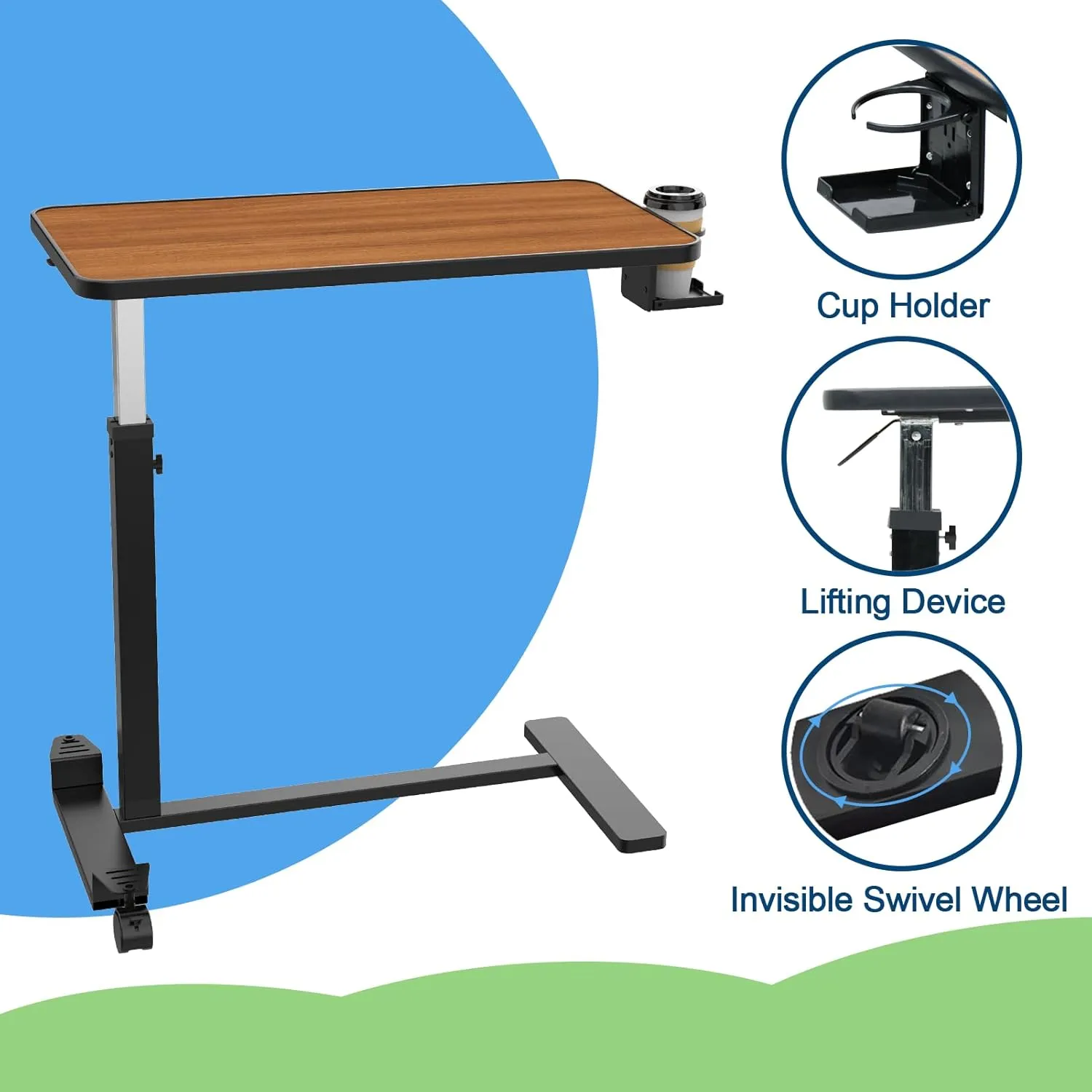 Adjustable Overbed Table with Invisible and Lockable Wheels ，Bedside Table with Cup Holder， Standing Desk for Medical or Home Use Walnut Color（30.3" W x 15.3" D）
