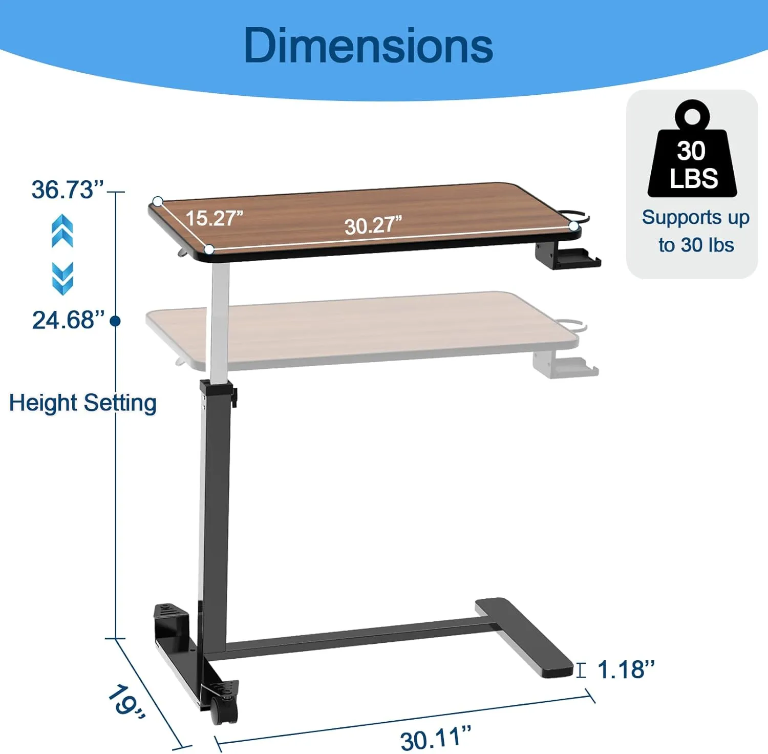 Adjustable Overbed Table with Invisible and Lockable Wheels ，Bedside Table with Cup Holder， Standing Desk for Medical or Home Use Walnut Color（30.3" W x 15.3" D）
