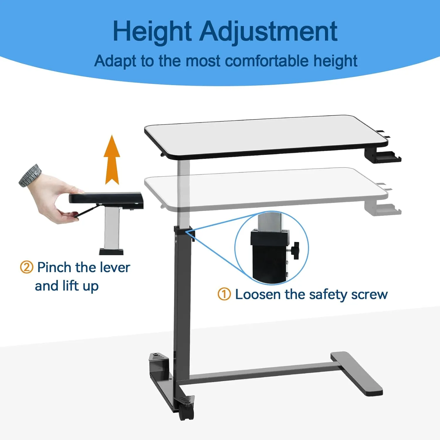 Adjustable Overbed Table with Invisible and Lockable Wheels ，Bedside Table with Cup Holder，Standing Desk for Medical or Home use Silver-Grey Color（30.3" W x 15.3" D）