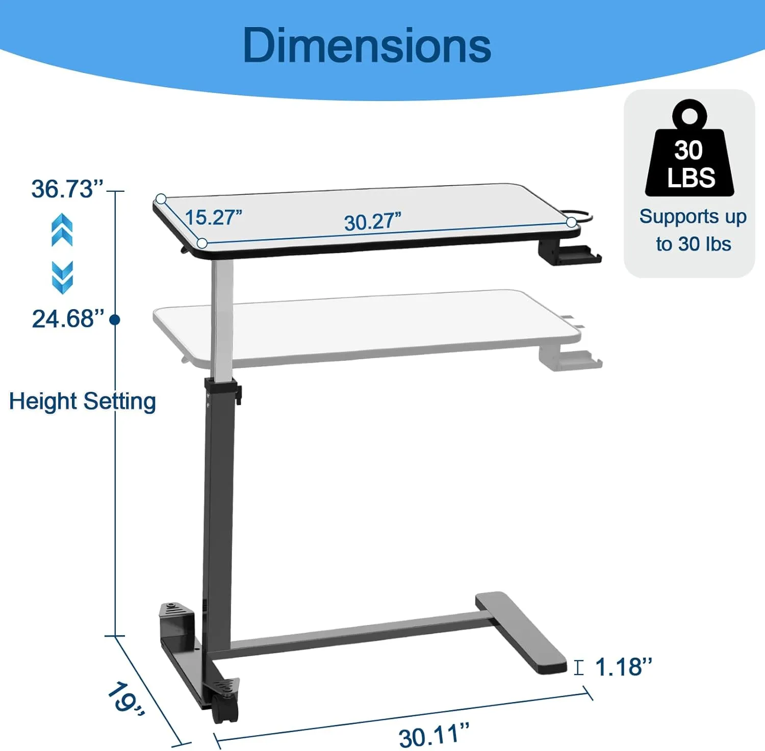 Adjustable Overbed Table with Invisible and Lockable Wheels ，Bedside Table with Cup Holder，Standing Desk for Medical or Home use Silver-Grey Color（30.3" W x 15.3" D）