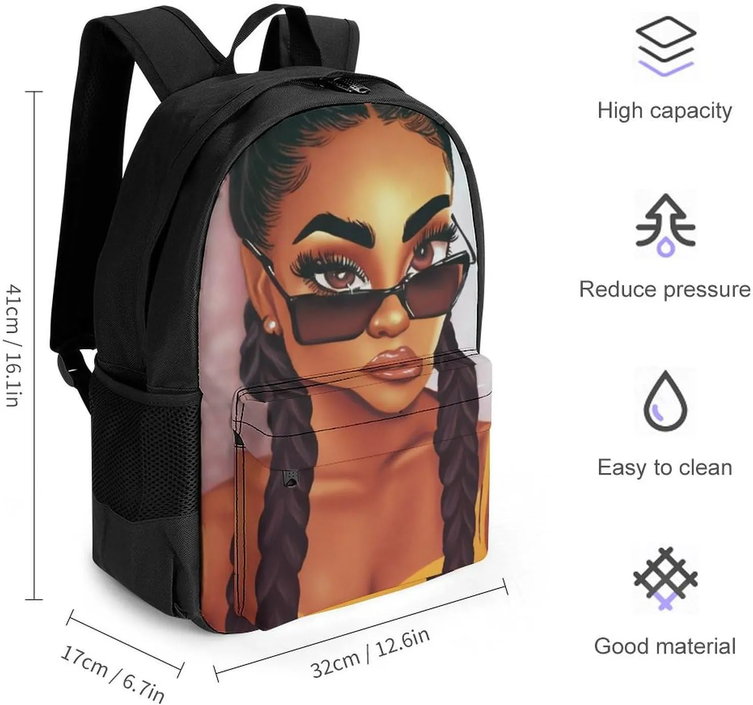 Adults Lightweight Abstract Fashion Black Woman Art African American Women Art Rucksacks Large Capacity Bookbag With Adjustable Shoulder Straps for Trekking Outdoors Bicycle