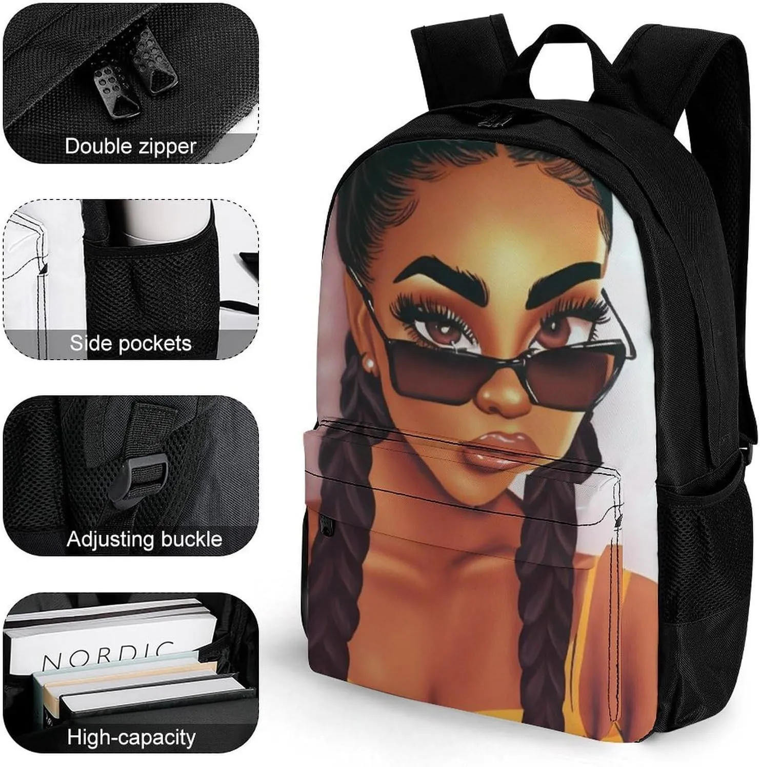 Adults Lightweight Abstract Fashion Black Woman Art African American Women Art Rucksacks Large Capacity Bookbag With Adjustable Shoulder Straps for Trekking Outdoors Bicycle