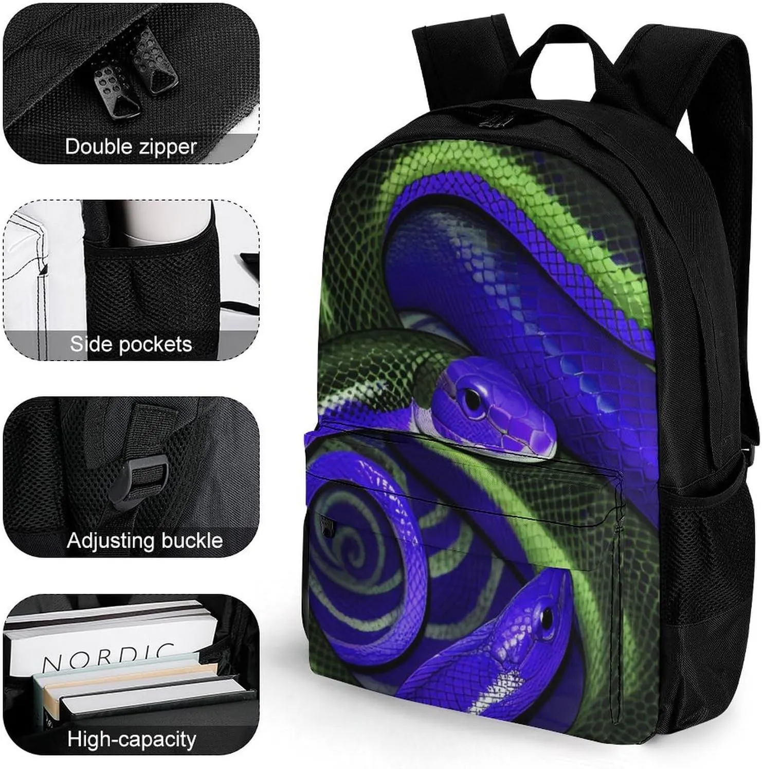 Adults Lightweight Blue Snake Art Rucksacks Large Capacity Bookbag With Adjustable Shoulder Straps for Trekking Outdoors Bicycle
