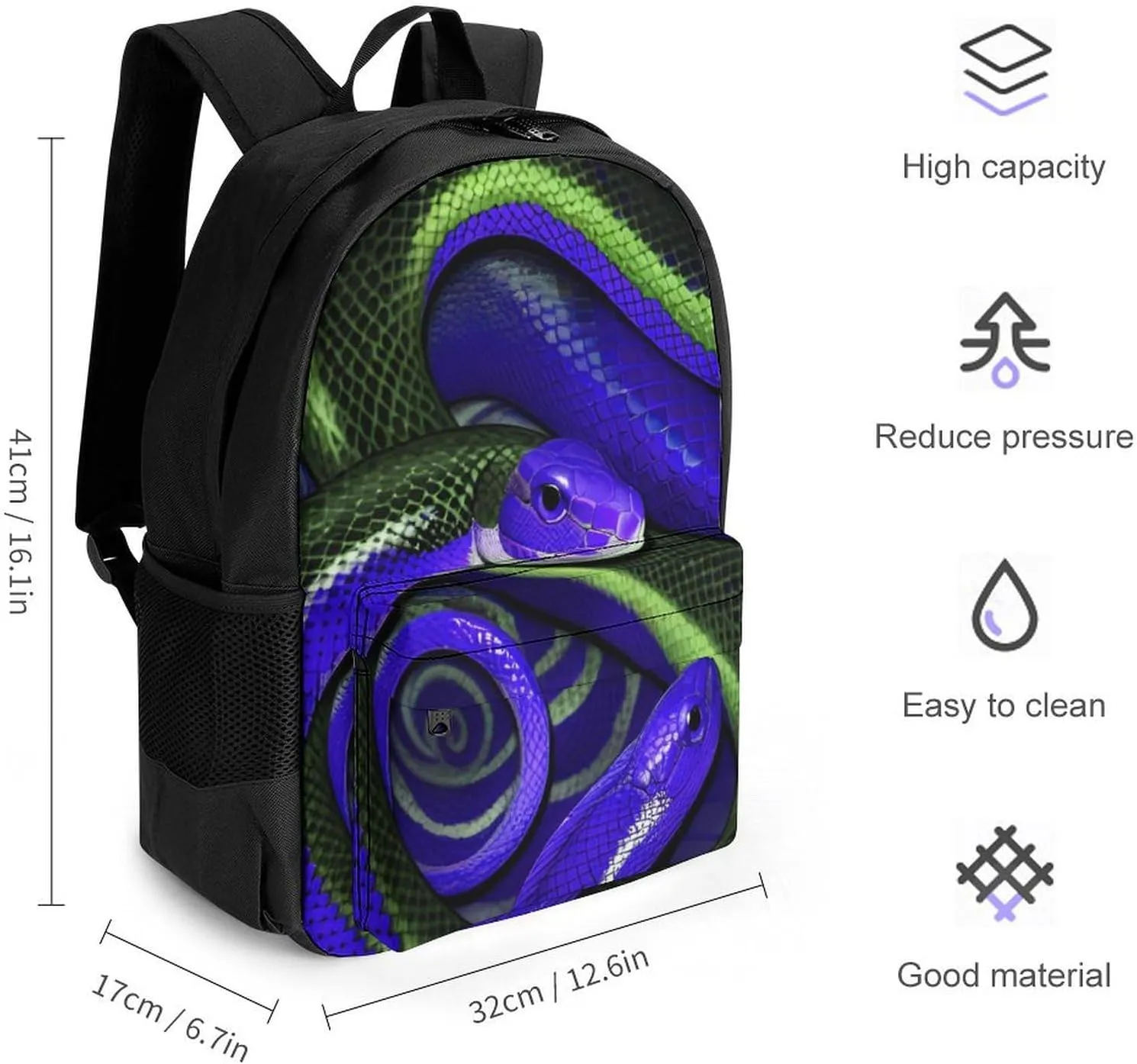 Adults Lightweight Blue Snake Art Rucksacks Large Capacity Bookbag With Adjustable Shoulder Straps for Trekking Outdoors Bicycle
