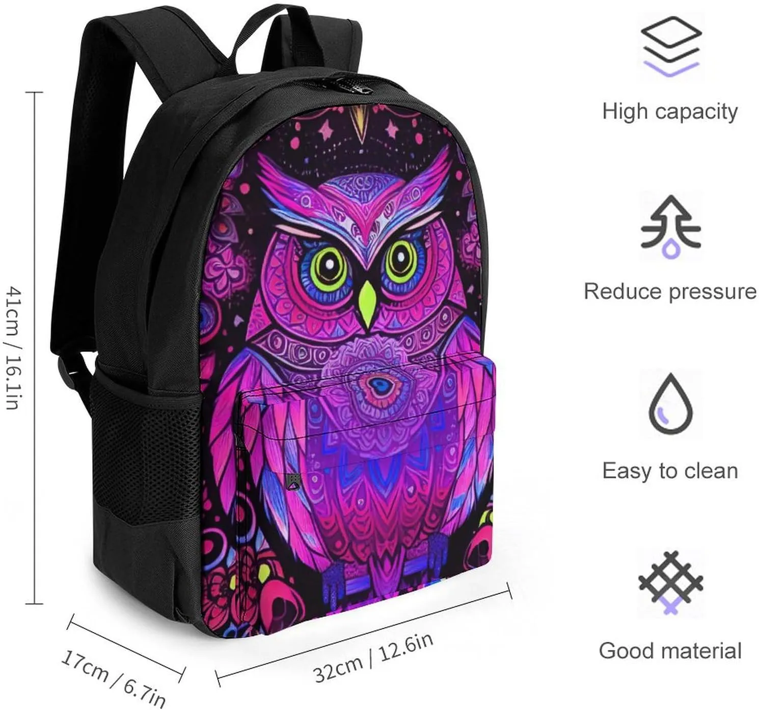 Adults Lightweight Cute Abstract Owl Psychedelic Art Rucksacks Large Capacity Bookbag With Adjustable Shoulder Straps for Trekking Outdoors Bicycle