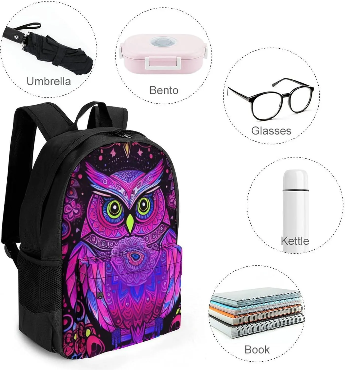 Adults Lightweight Cute Abstract Owl Psychedelic Art Rucksacks Large Capacity Bookbag With Adjustable Shoulder Straps for Trekking Outdoors Bicycle
