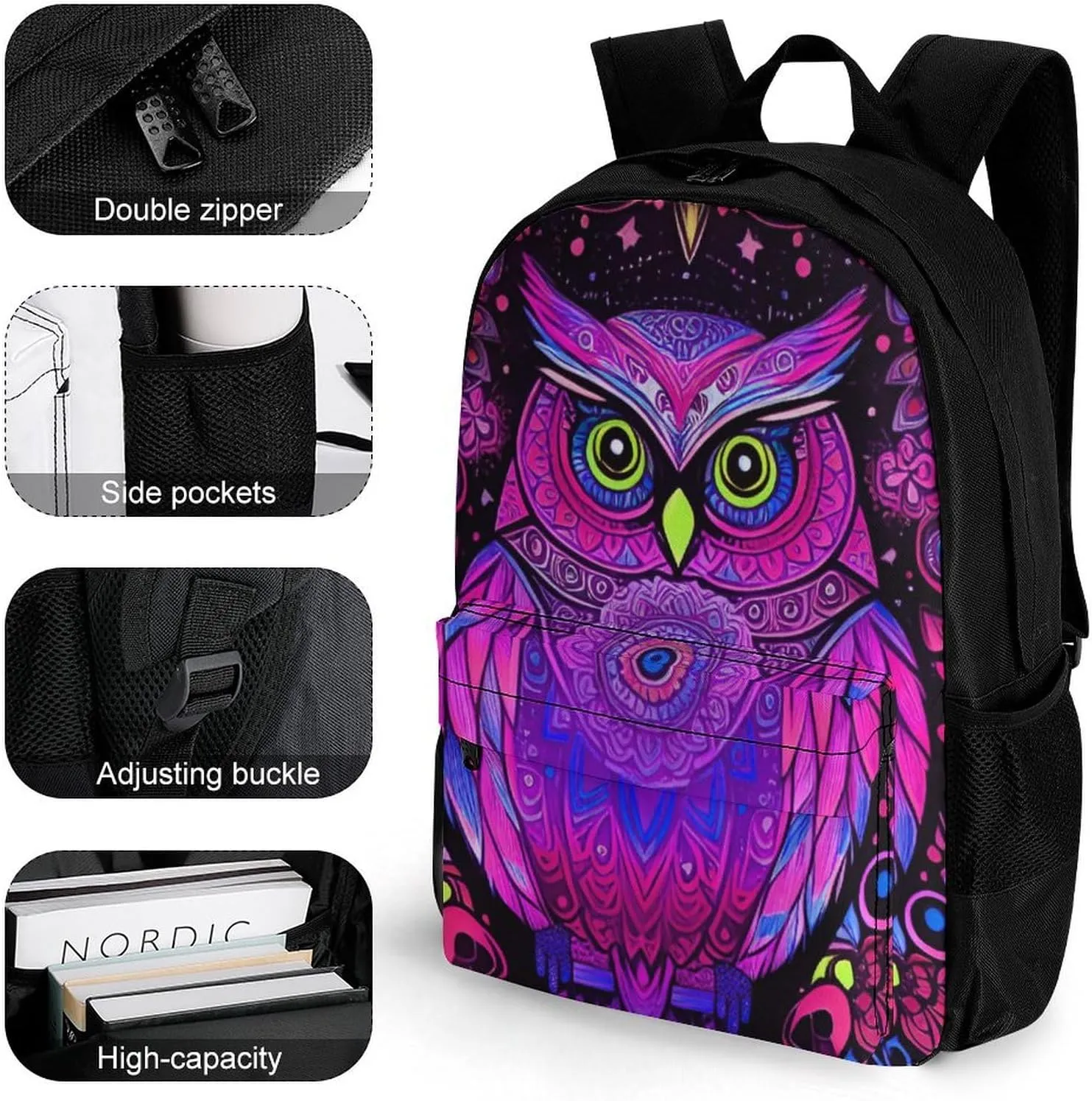 Adults Lightweight Cute Abstract Owl Psychedelic Art Rucksacks Large Capacity Bookbag With Adjustable Shoulder Straps for Trekking Outdoors Bicycle