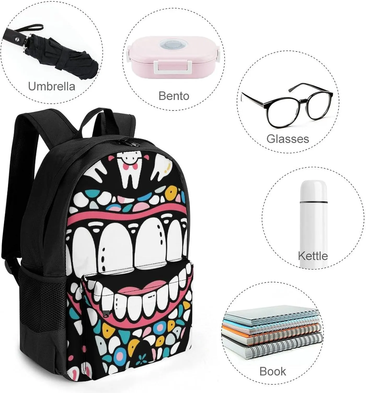 Adults Lightweight Funny Teeth Dental Art Rucksacks Large Capacity Bookbag With Adjustable Shoulder Straps for Trekking Outdoors Bicycle