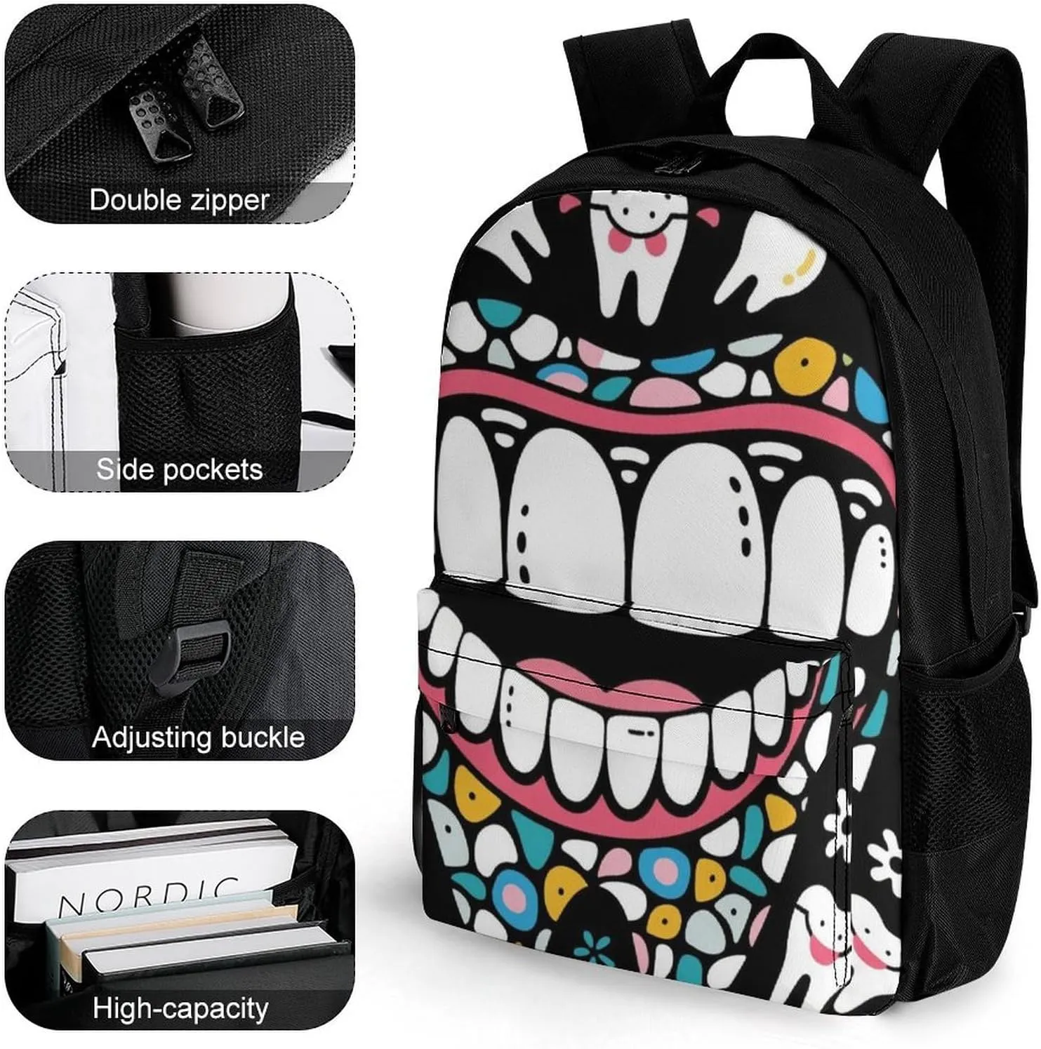 Adults Lightweight Funny Teeth Dental Art Rucksacks Large Capacity Bookbag With Adjustable Shoulder Straps for Trekking Outdoors Bicycle