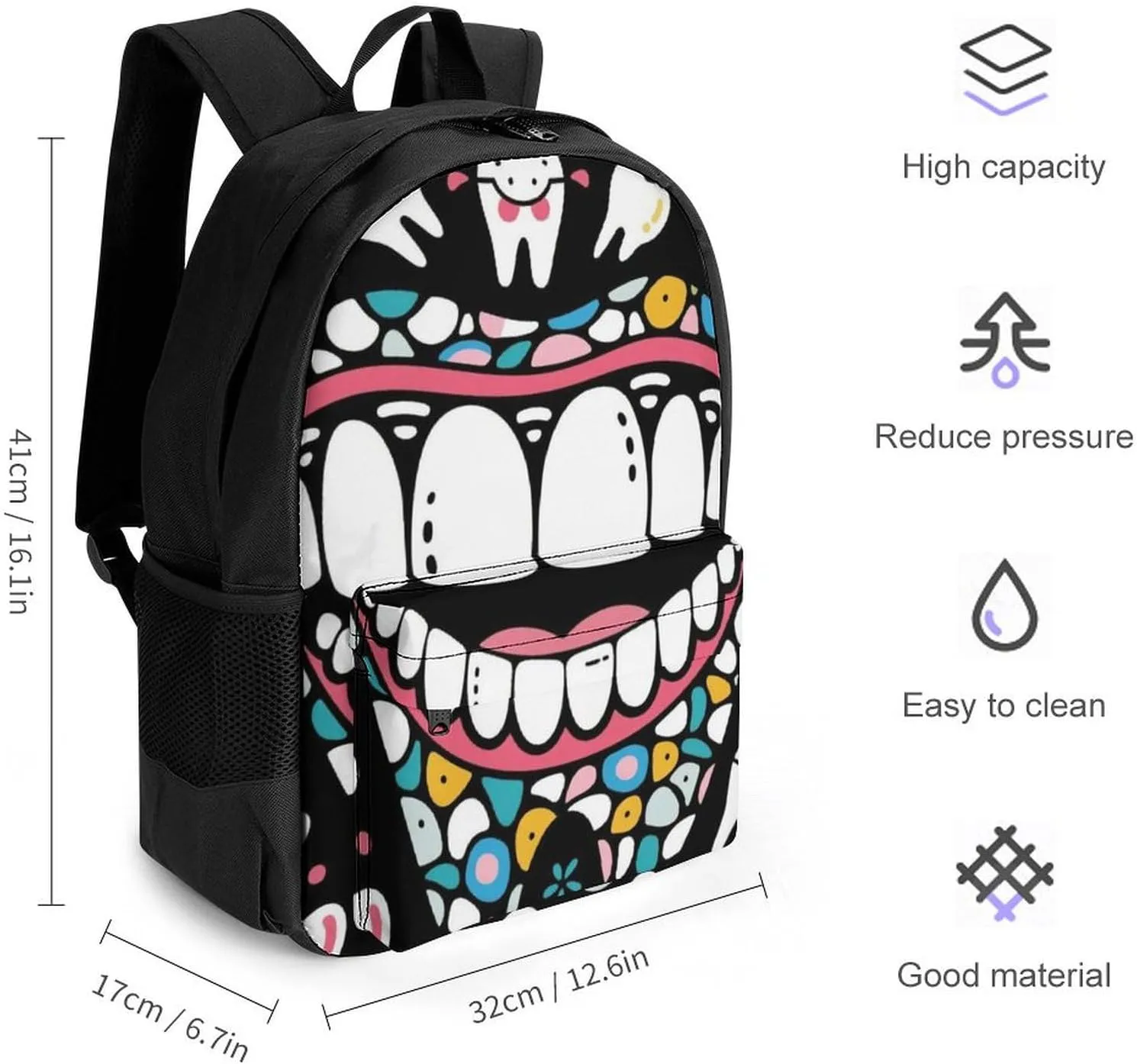 Adults Lightweight Funny Teeth Dental Art Rucksacks Large Capacity Bookbag With Adjustable Shoulder Straps for Trekking Outdoors Bicycle