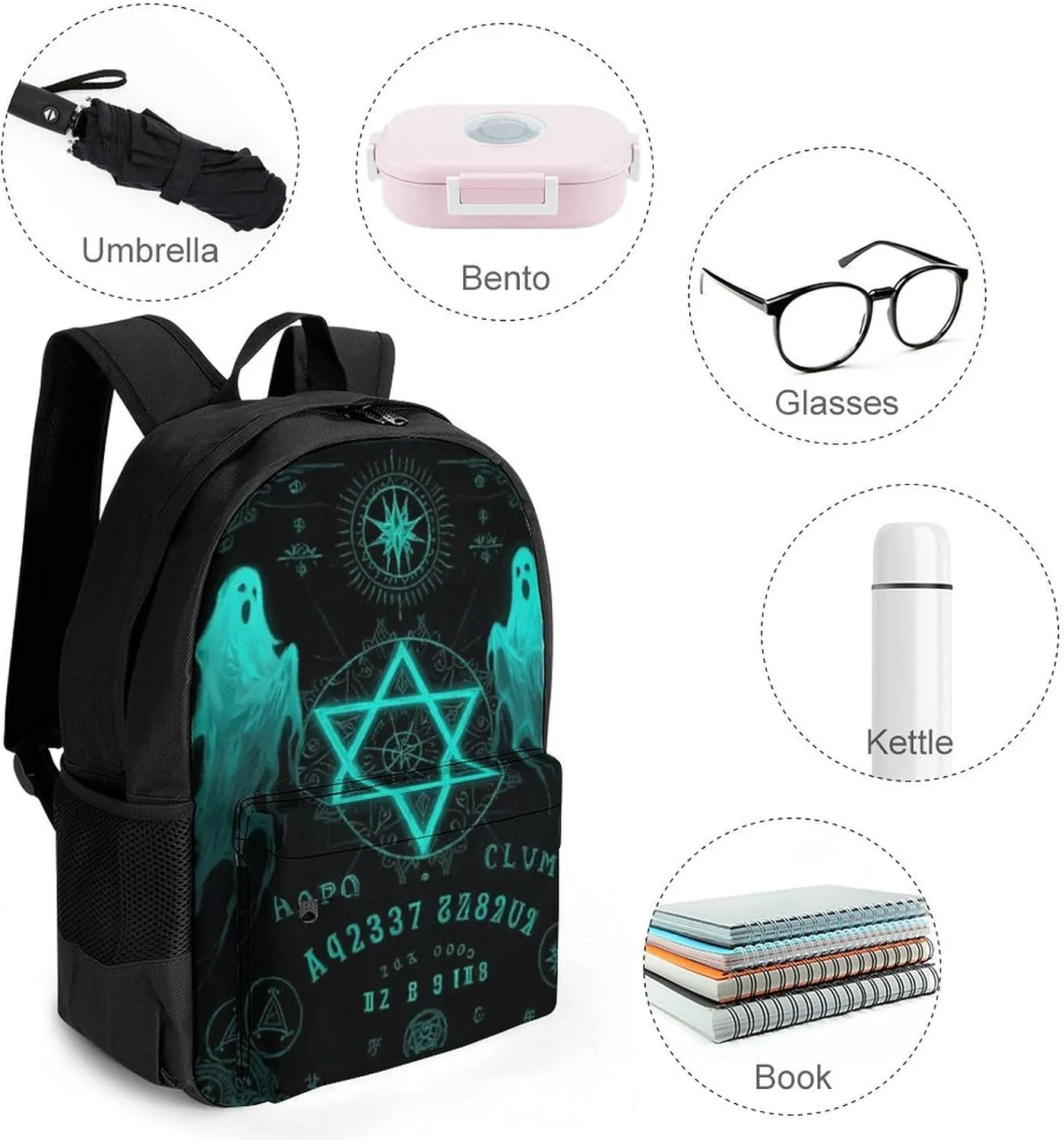 Adults Lightweight Ghost Witchcraft Magic Spirit Board Star Art Rucksacks Large Capacity Bookbag With Adjustable Shoulder Straps for Trekking Outdoors Bicycle