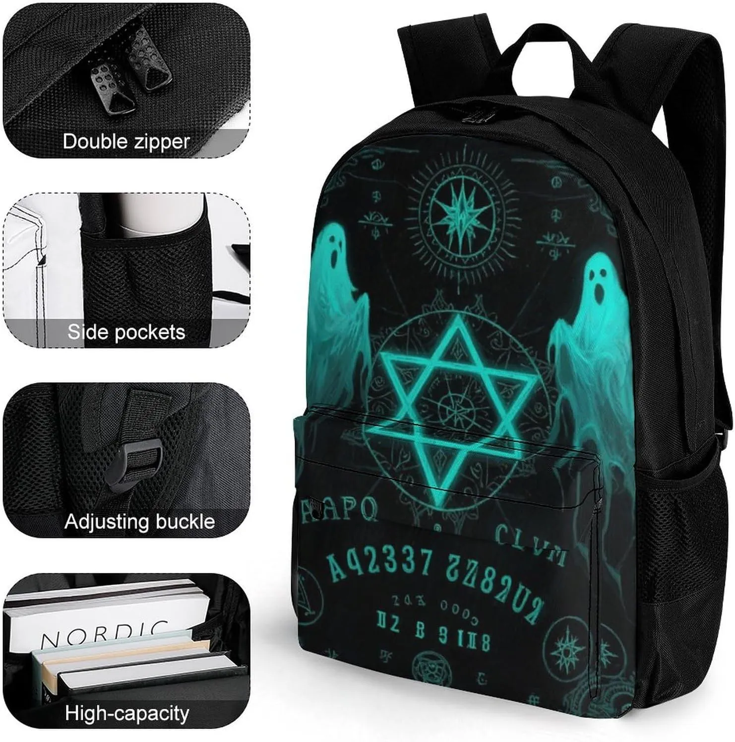 Adults Lightweight Ghost Witchcraft Magic Spirit Board Star Art Rucksacks Large Capacity Bookbag With Adjustable Shoulder Straps for Trekking Outdoors Bicycle