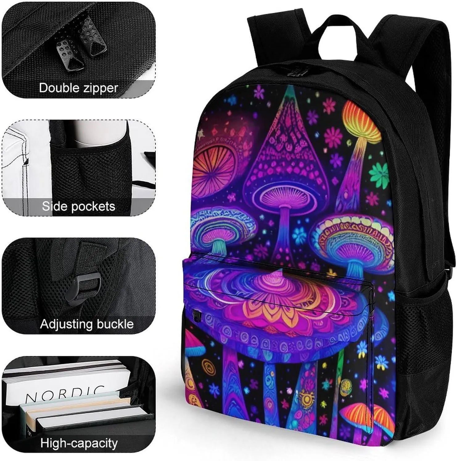 Adults Lightweight Psychedelic Mushroom Art Rucksacks Large Capacity Bookbag With Adjustable Shoulder Straps for Trekking Outdoors Bicycle