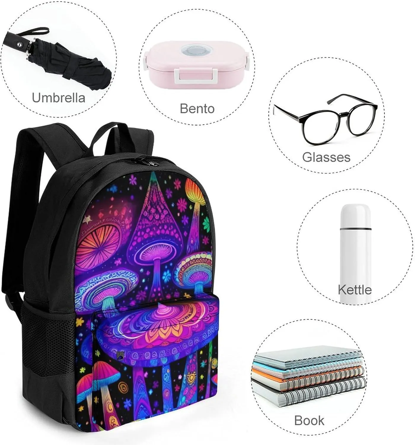 Adults Lightweight Psychedelic Mushroom Art Rucksacks Large Capacity Bookbag With Adjustable Shoulder Straps for Trekking Outdoors Bicycle