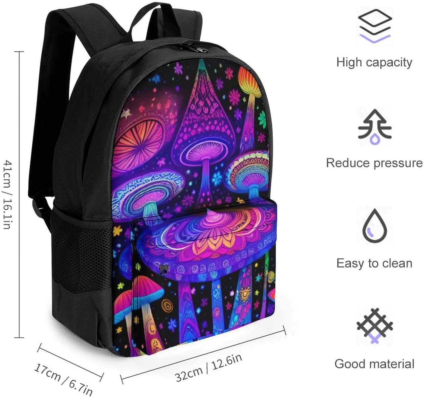 Adults Lightweight Psychedelic Mushroom Art Rucksacks Large Capacity Bookbag With Adjustable Shoulder Straps for Trekking Outdoors Bicycle