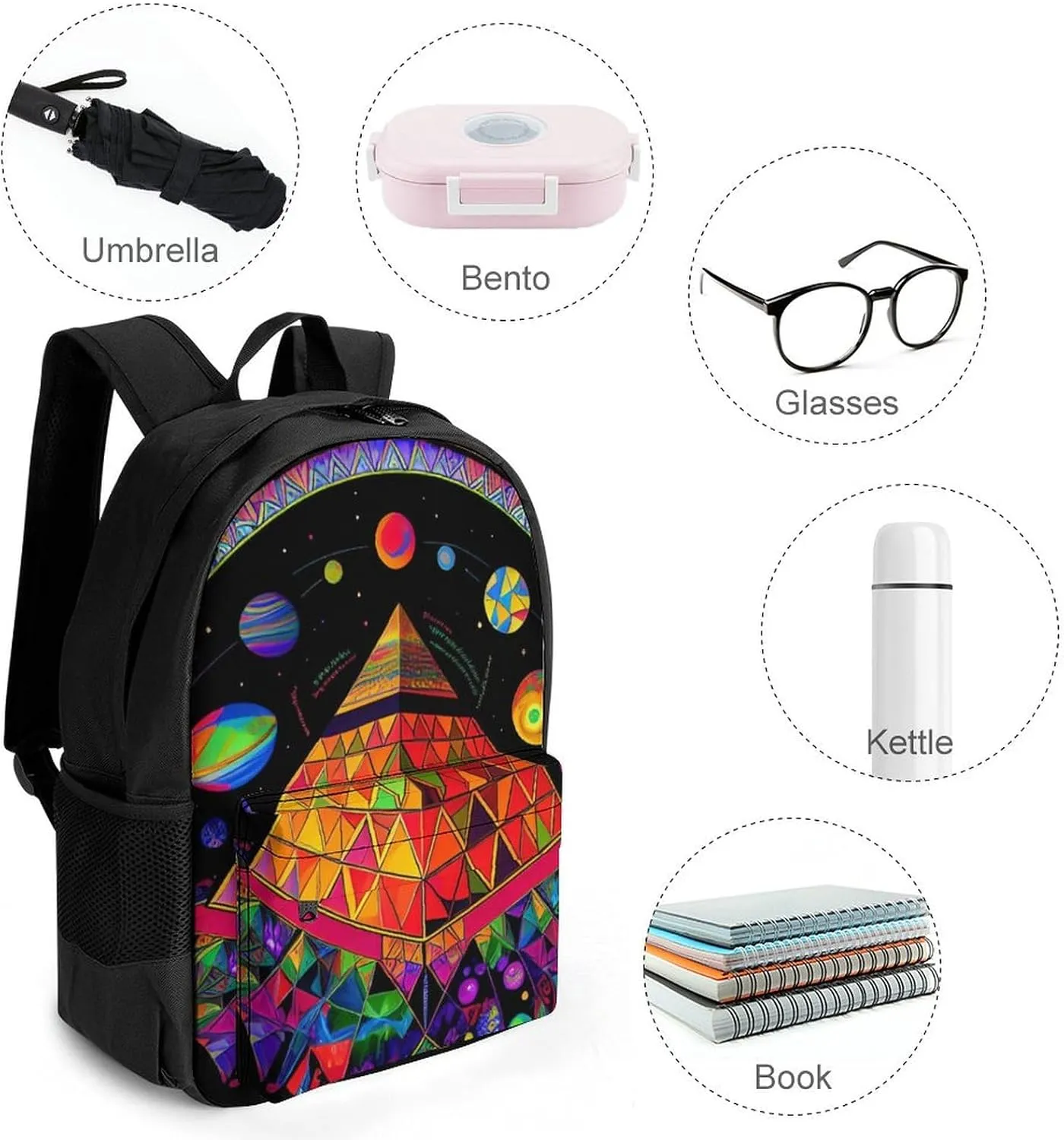 Adults Lightweight Psychedelic Pyramid Mushroom Planet Art Shoulder Book Bags Big Capacity Shoulder Bag With Adjustable Shoulder Straps for Trekking Work Walking Cycling