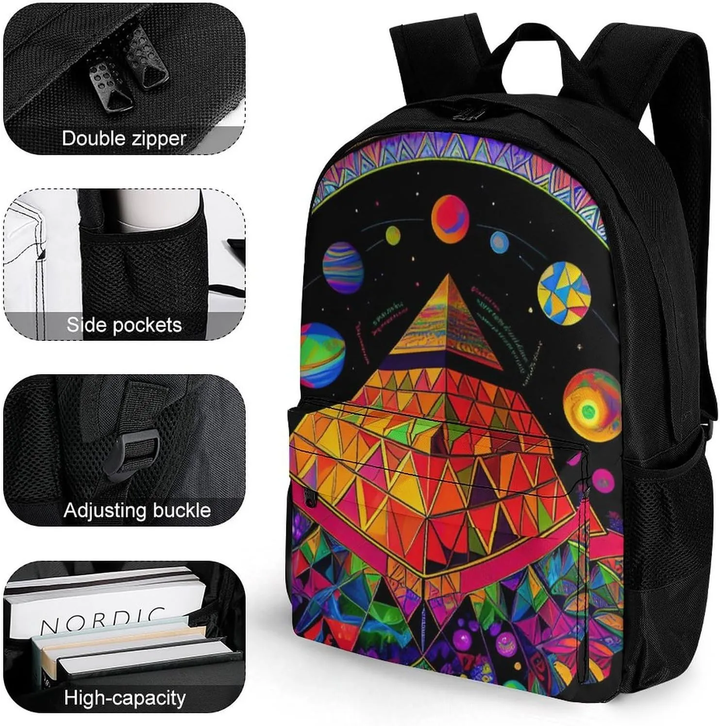 Adults Lightweight Psychedelic Pyramid Mushroom Planet Art Shoulder Book Bags Big Capacity Shoulder Bag With Adjustable Shoulder Straps for Trekking Work Walking Cycling