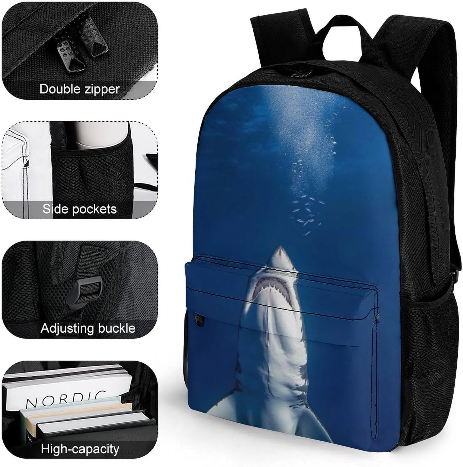 Adults Lightweight Shark Standing Rucksacks Large Capacity Bookbag With Adjustable Shoulder Straps for Trekking Outdoors Bicycle