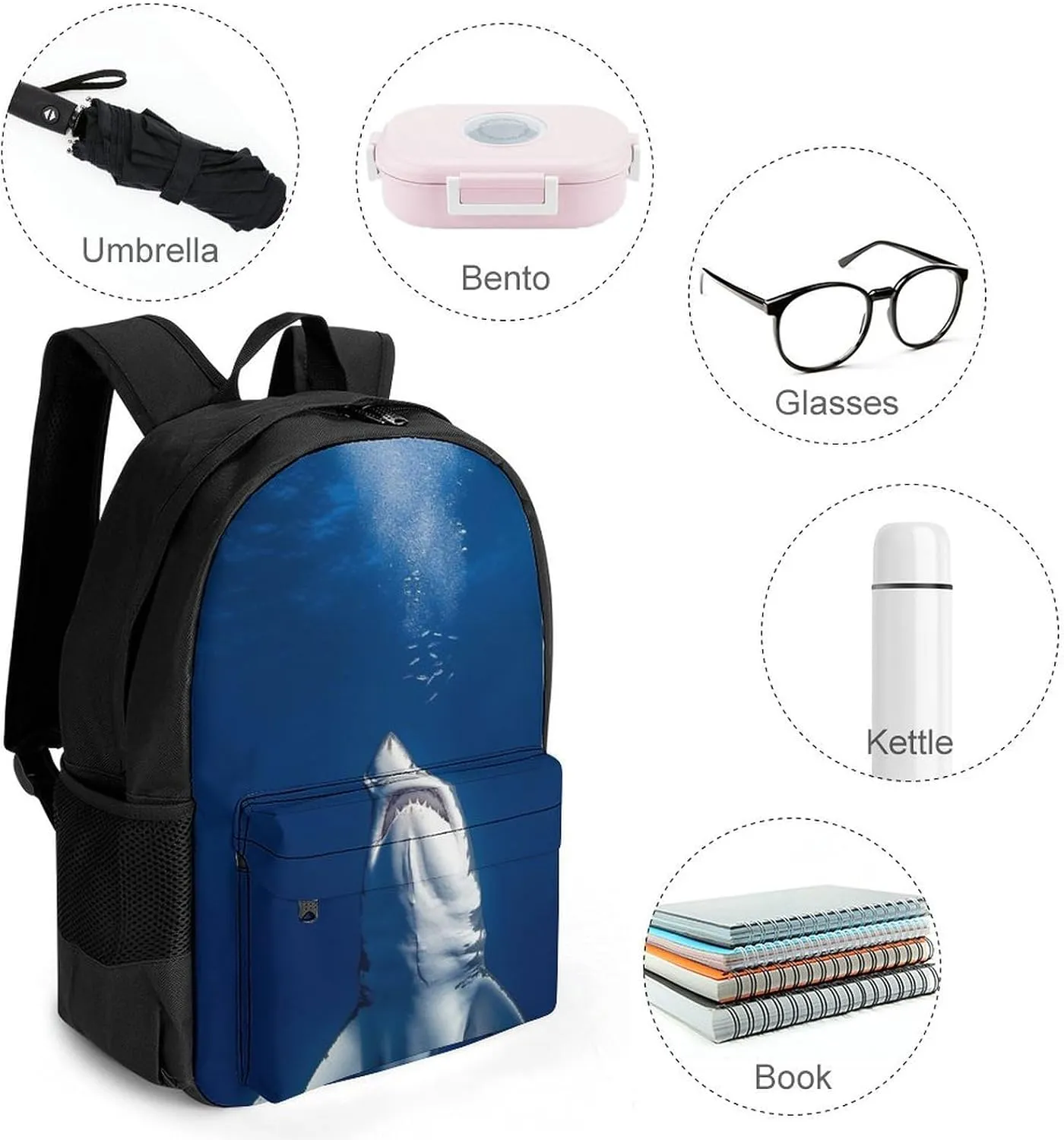Adults Lightweight Shark Standing Rucksacks Large Capacity Bookbag With Adjustable Shoulder Straps for Trekking Outdoors Bicycle