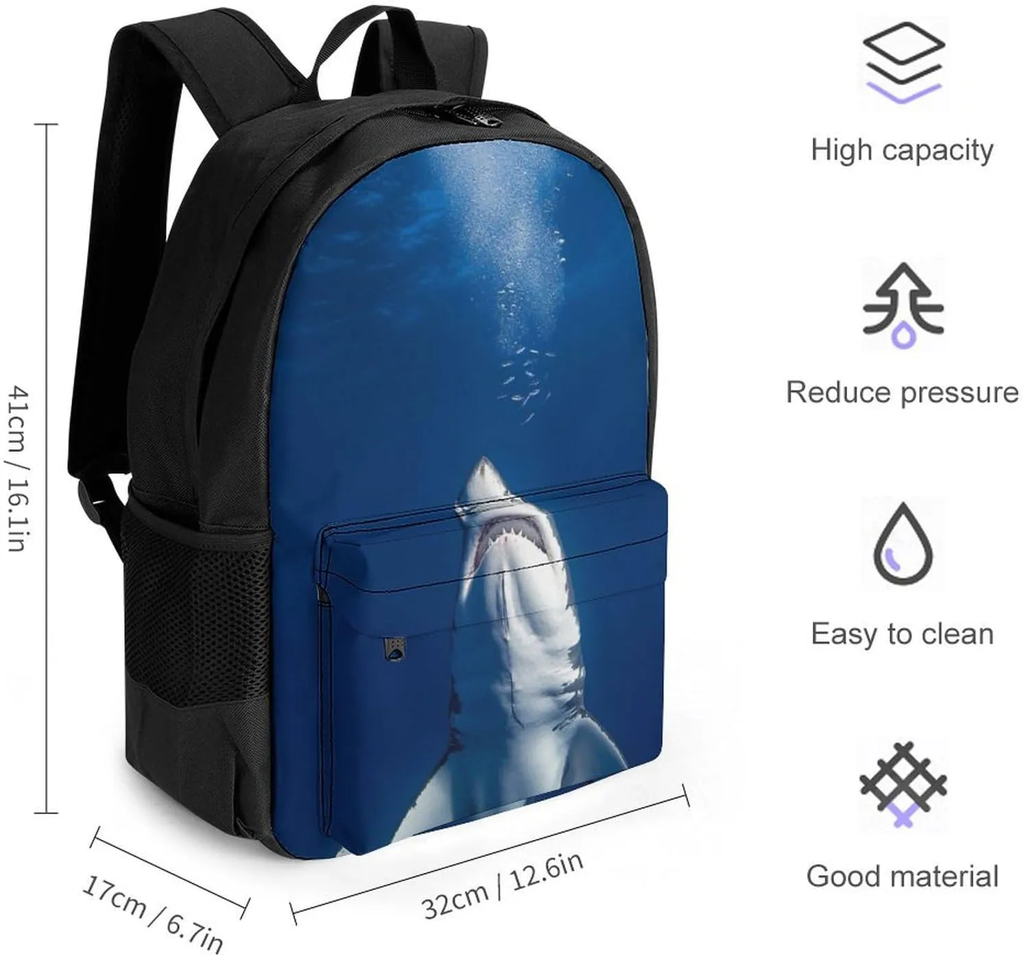 Adults Lightweight Shark Standing Rucksacks Large Capacity Bookbag With Adjustable Shoulder Straps for Trekking Outdoors Bicycle