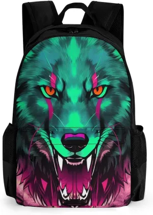 Adults Lightweight Wolf Head With Fire Art Rucksacks Large Capacity Bookbag With Adjustable Shoulder Straps for Trekking Outdoors Bicycle