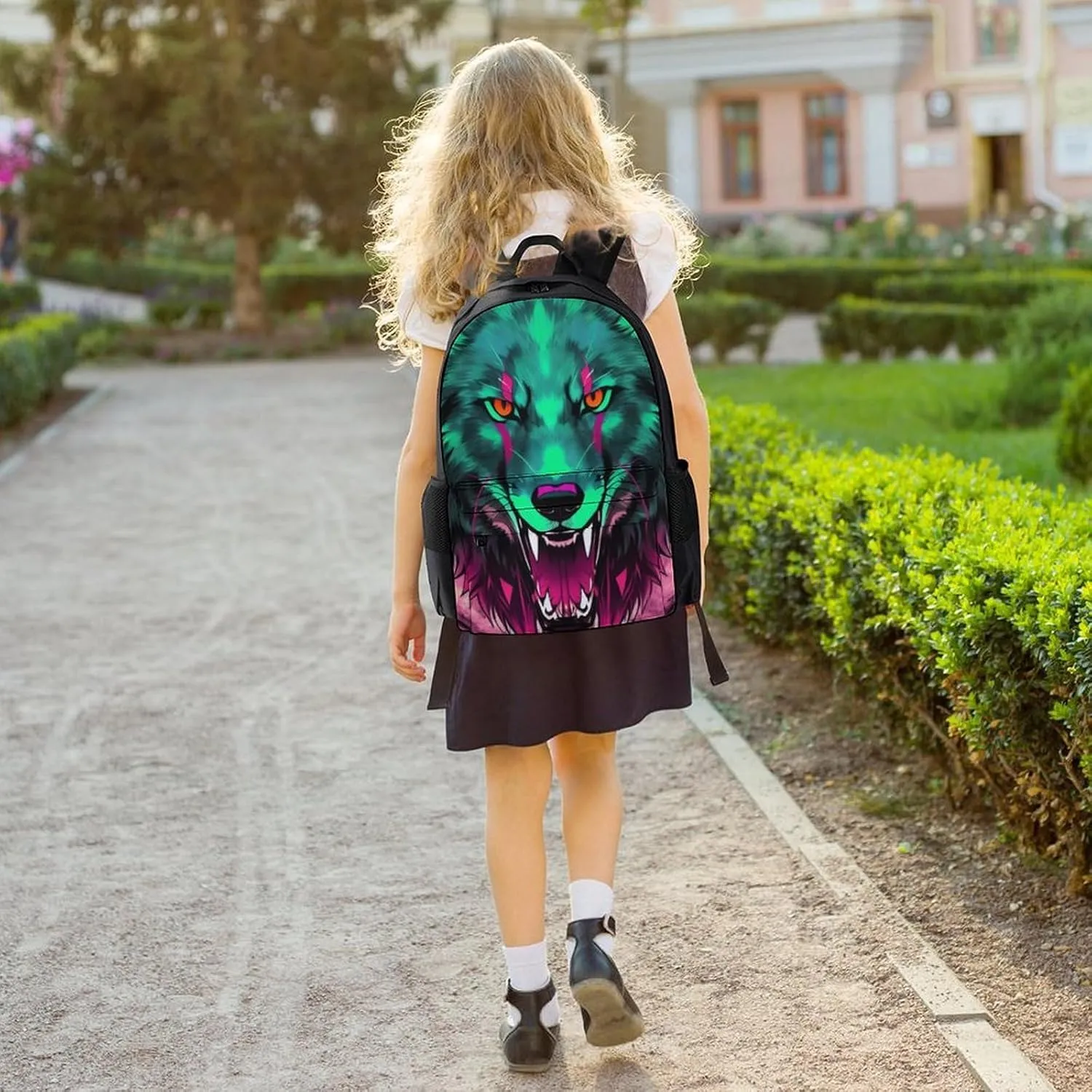 Adults Lightweight Wolf Head With Fire Art Rucksacks Large Capacity Bookbag With Adjustable Shoulder Straps for Trekking Outdoors Bicycle