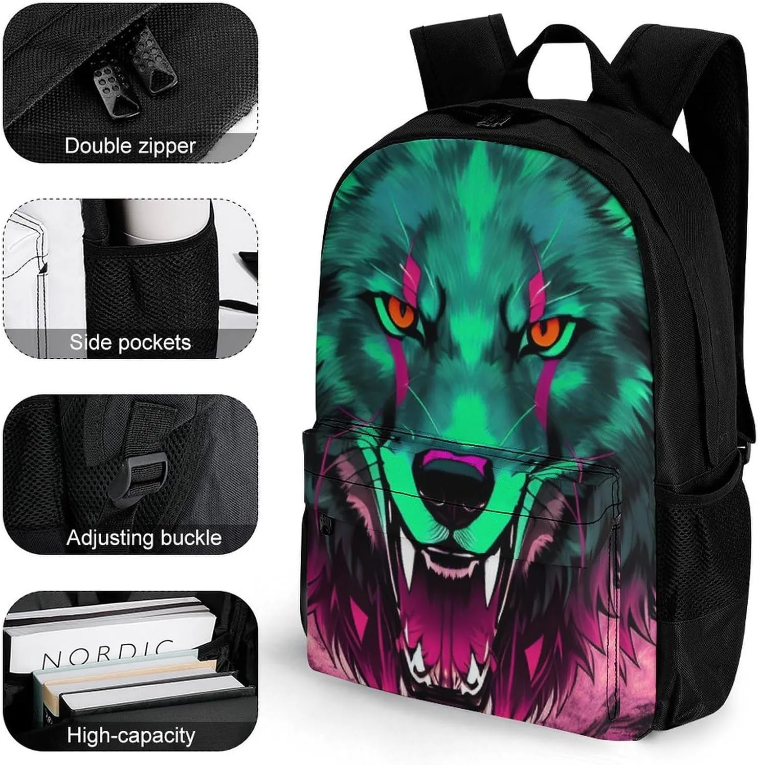 Adults Lightweight Wolf Head With Fire Art Rucksacks Large Capacity Bookbag With Adjustable Shoulder Straps for Trekking Outdoors Bicycle