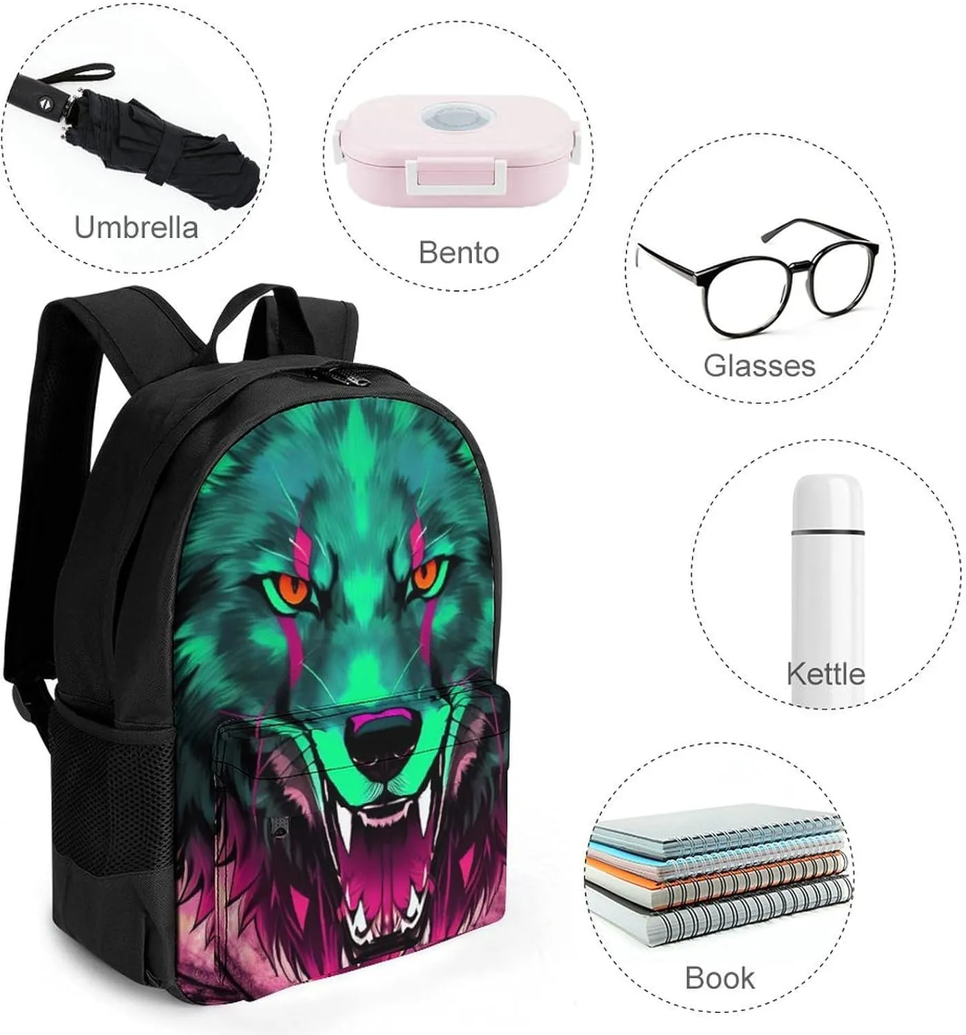 Adults Lightweight Wolf Head With Fire Art Rucksacks Large Capacity Bookbag With Adjustable Shoulder Straps for Trekking Outdoors Bicycle