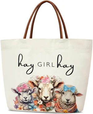 Aesthetic Canvas Tote Bag for Women Teens Reusable Grocery Shopping Bag With Handles Cute Tote Bag -Hay Girl Hay