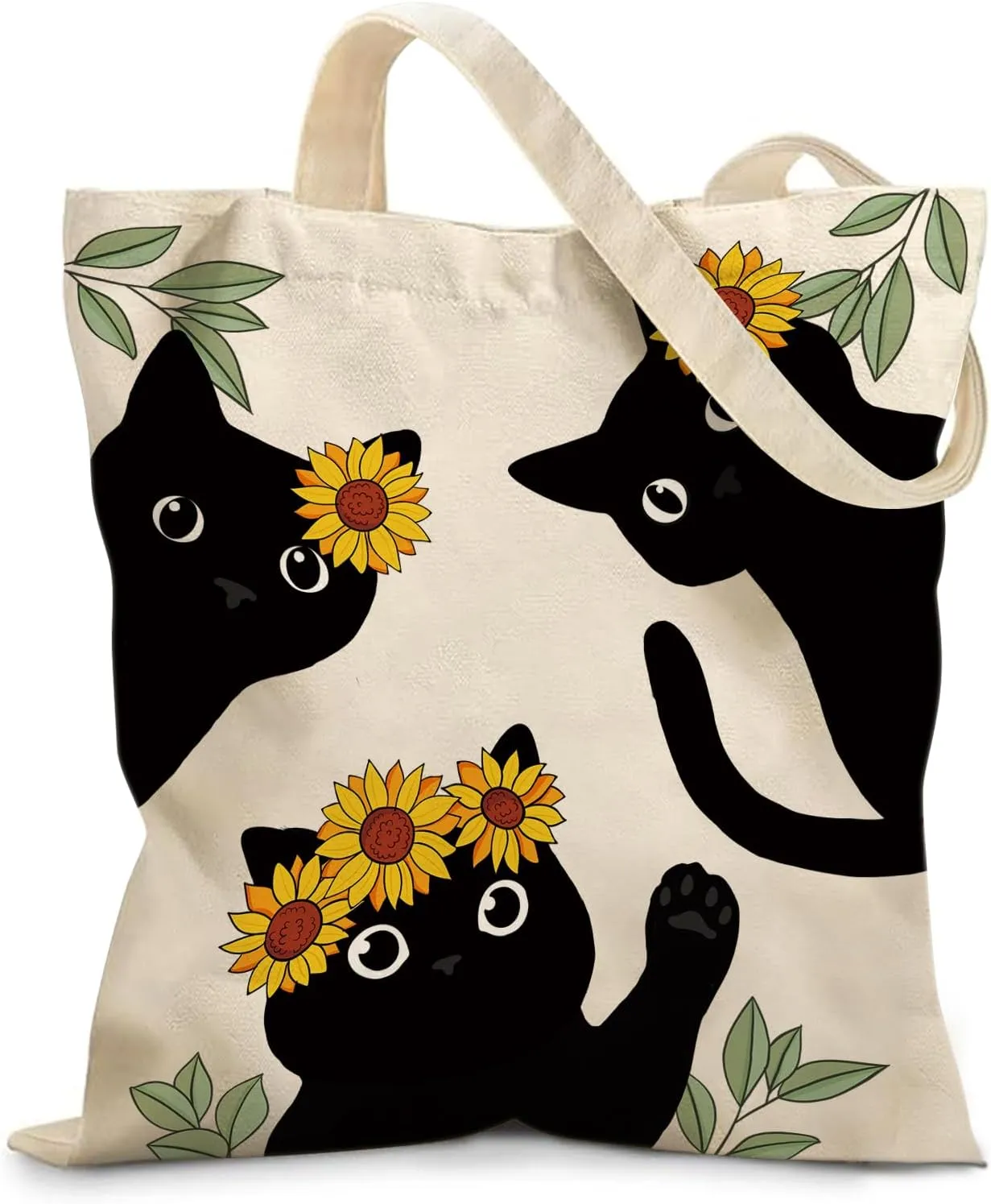 Aesthetic Cat Tote Bag for Women - Cute Feline Print Cotton Canvas Shoulder Bag with Magnetic Snap & Zipper Pocket, Lightweight Stylish Handbag for Daily Use