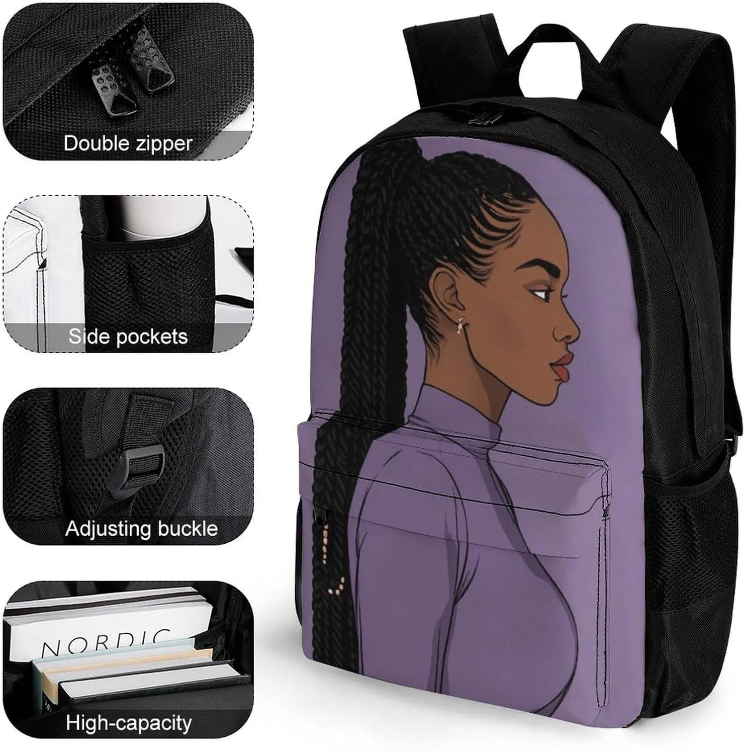 African American Black Woman Woman Painting Rucksacks Lightweight Multipurpose Anti-Theft Shoulder Bag Big Capacity Traveling & Camping Backpack With Side Pockets