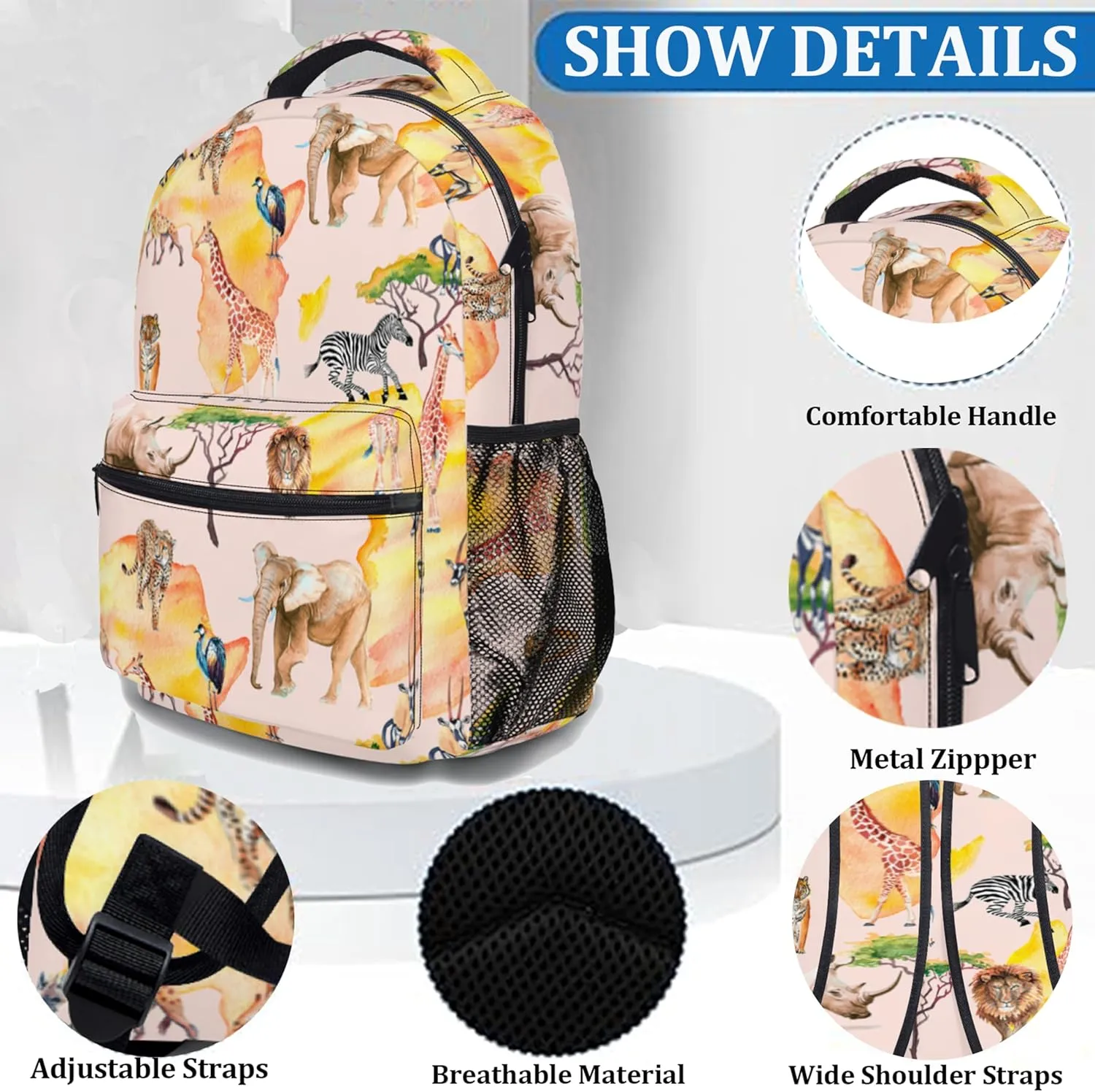 African Wildlife Ergonomics Backpack with Chest Strap Waterproof Animal Travel Bags Casual Daypacks 17 Inch