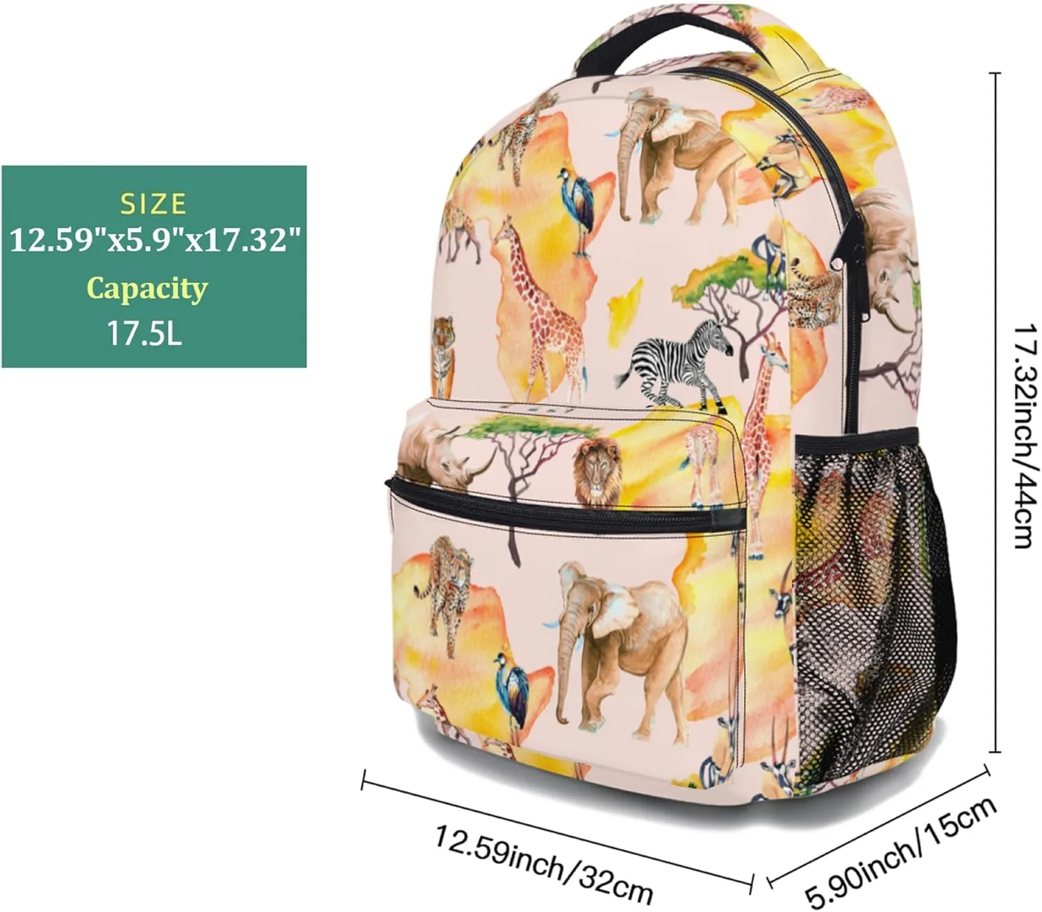 African Wildlife Ergonomics Backpack with Chest Strap Waterproof Animal Travel Bags Casual Daypacks 17 Inch