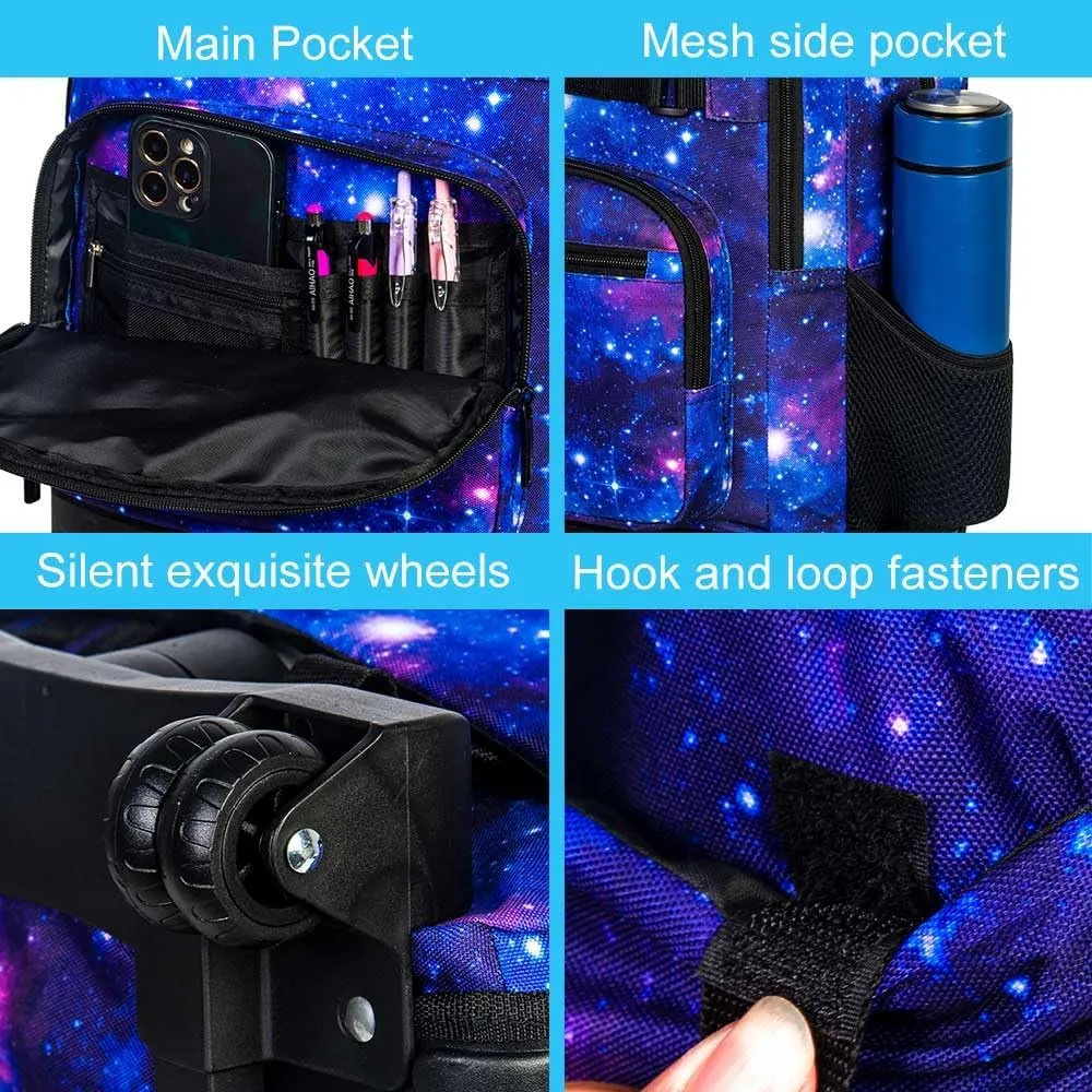 AGSDON Rolling Backpack for Boys, Men Roller Wheels Bookbag, Laptop Star Blue Wheeled School Bag with Wheels for Teens