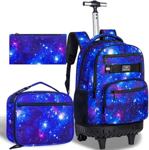 AGSDON Rolling Backpack for Boys, Men Roller Wheels Bookbag, Laptop Star Blue Wheeled School Bag with Wheels for Teens